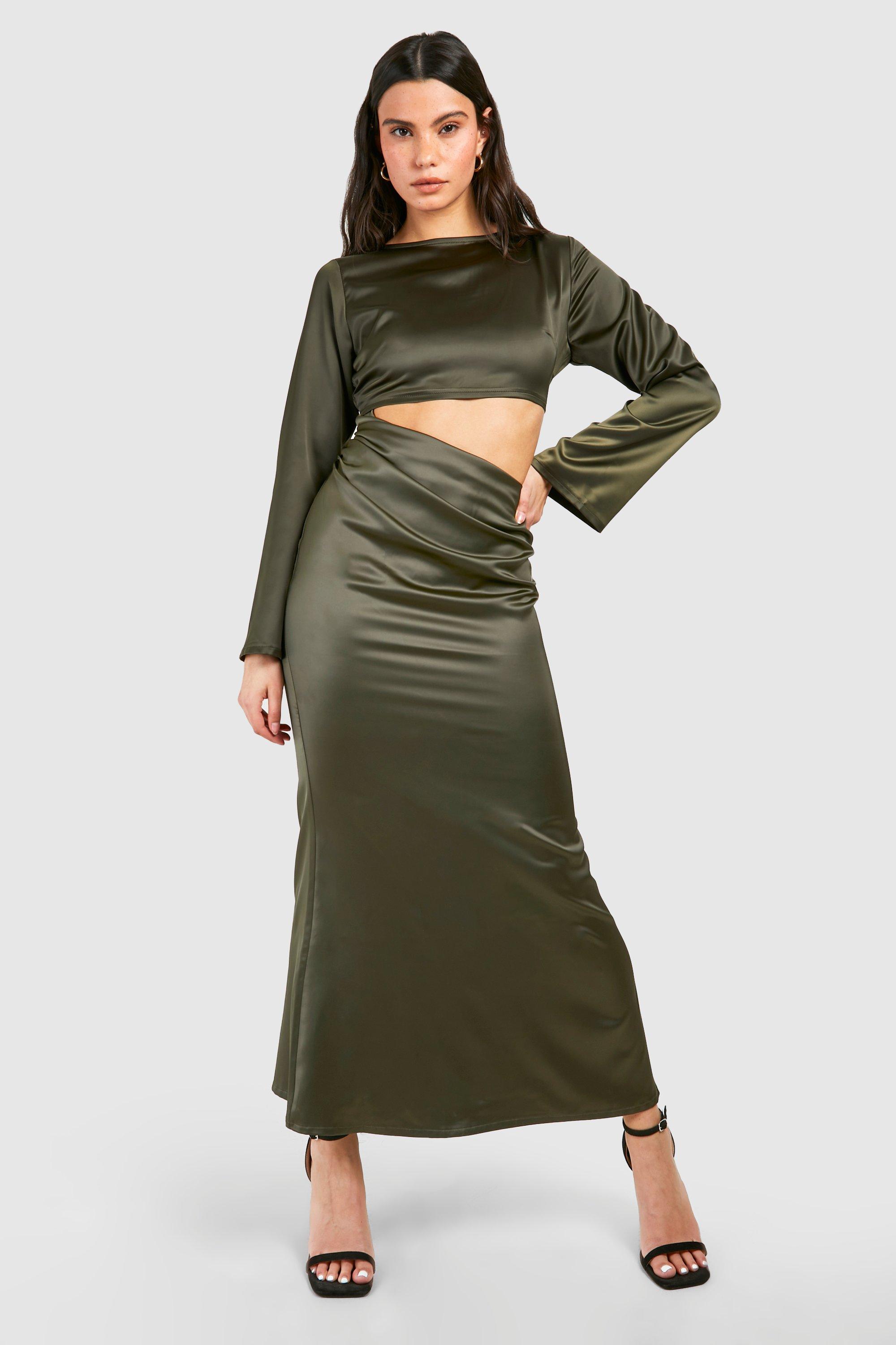 Image of Satin Cut Out Long Sleeve Maxi Dress, Verde