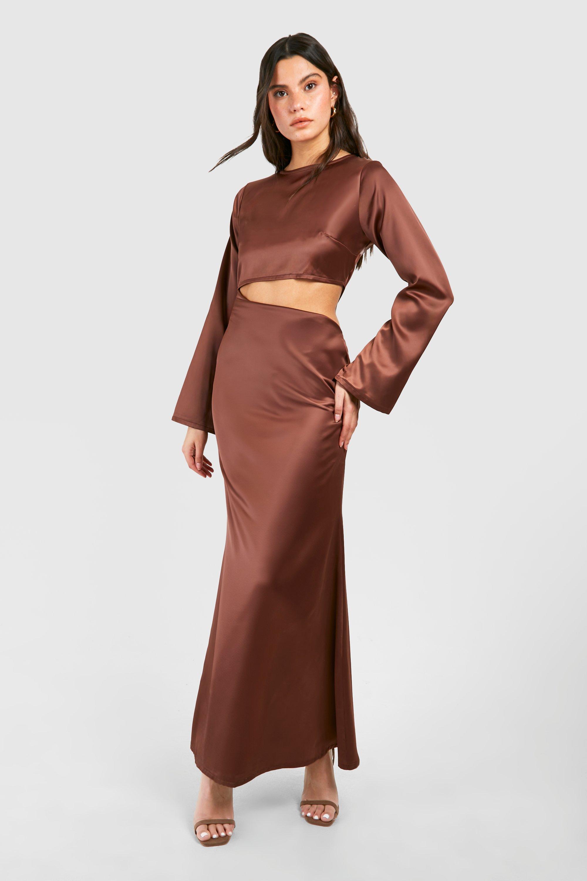 Image of Satin Cut Out Long Sleeve Maxi Dress, Brown