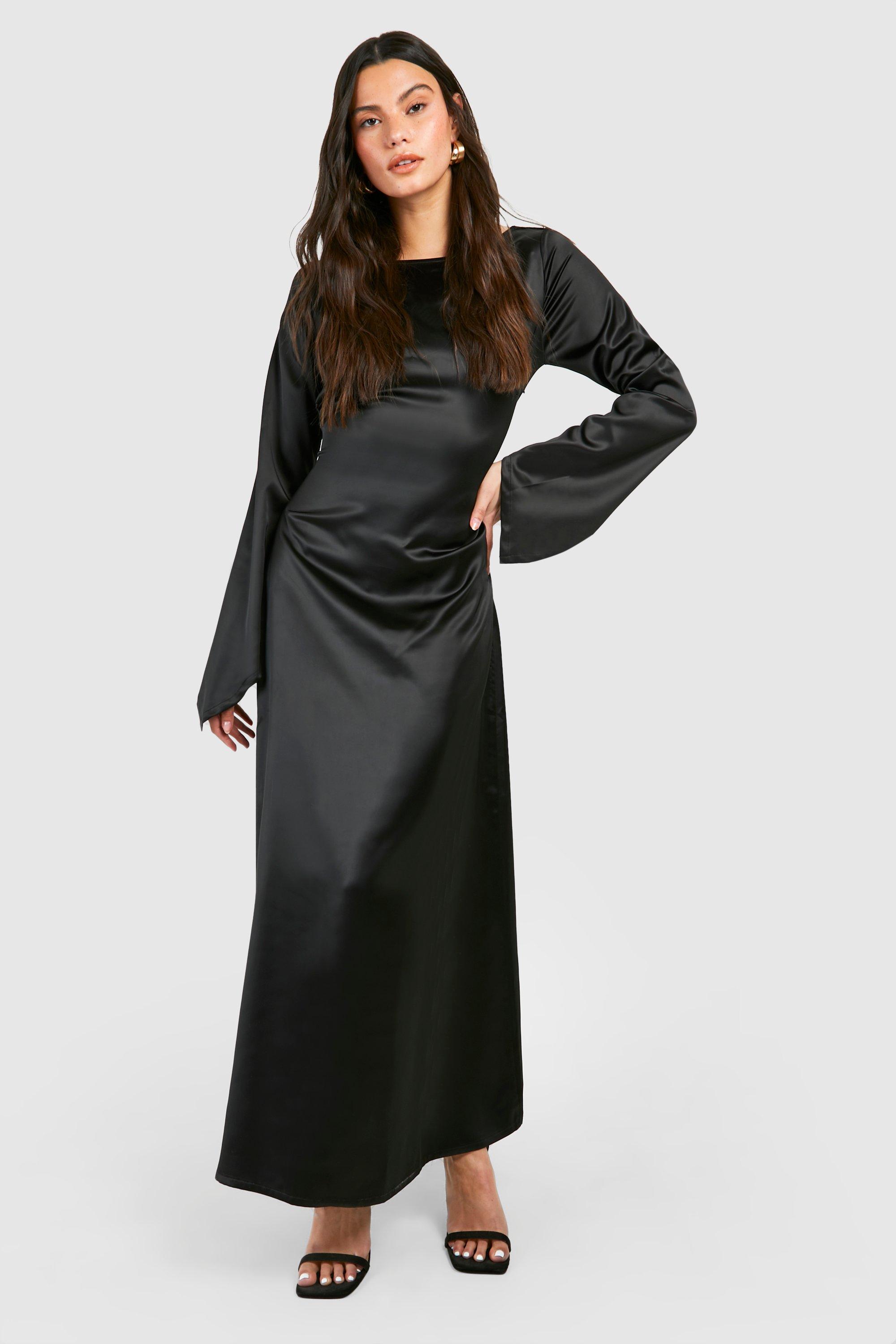 Womens Satin Flared Sleeve Maxi Dress - Black - 12, Black