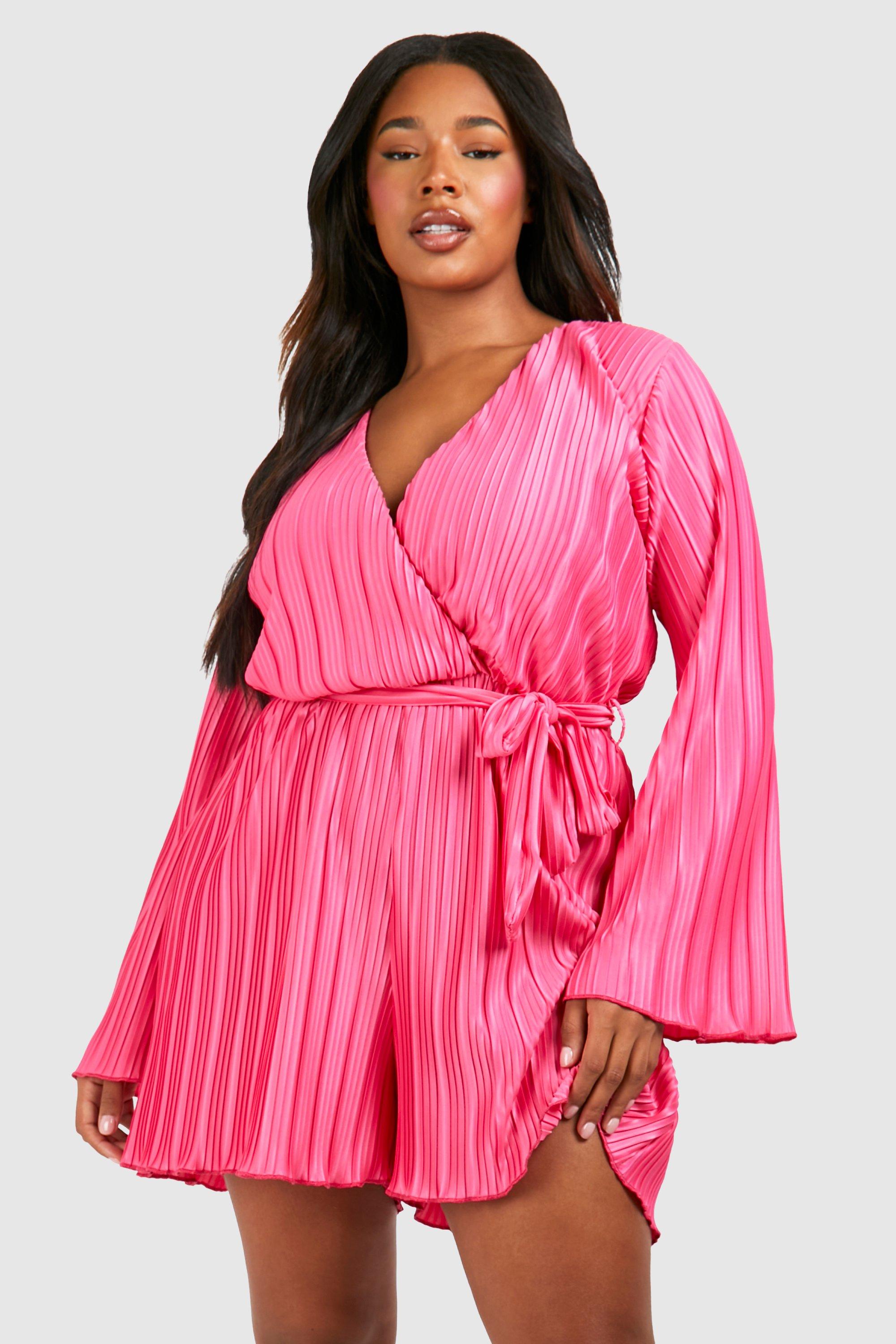 Image of Plus Plisse Wrap Belted Playsuit, Pink
