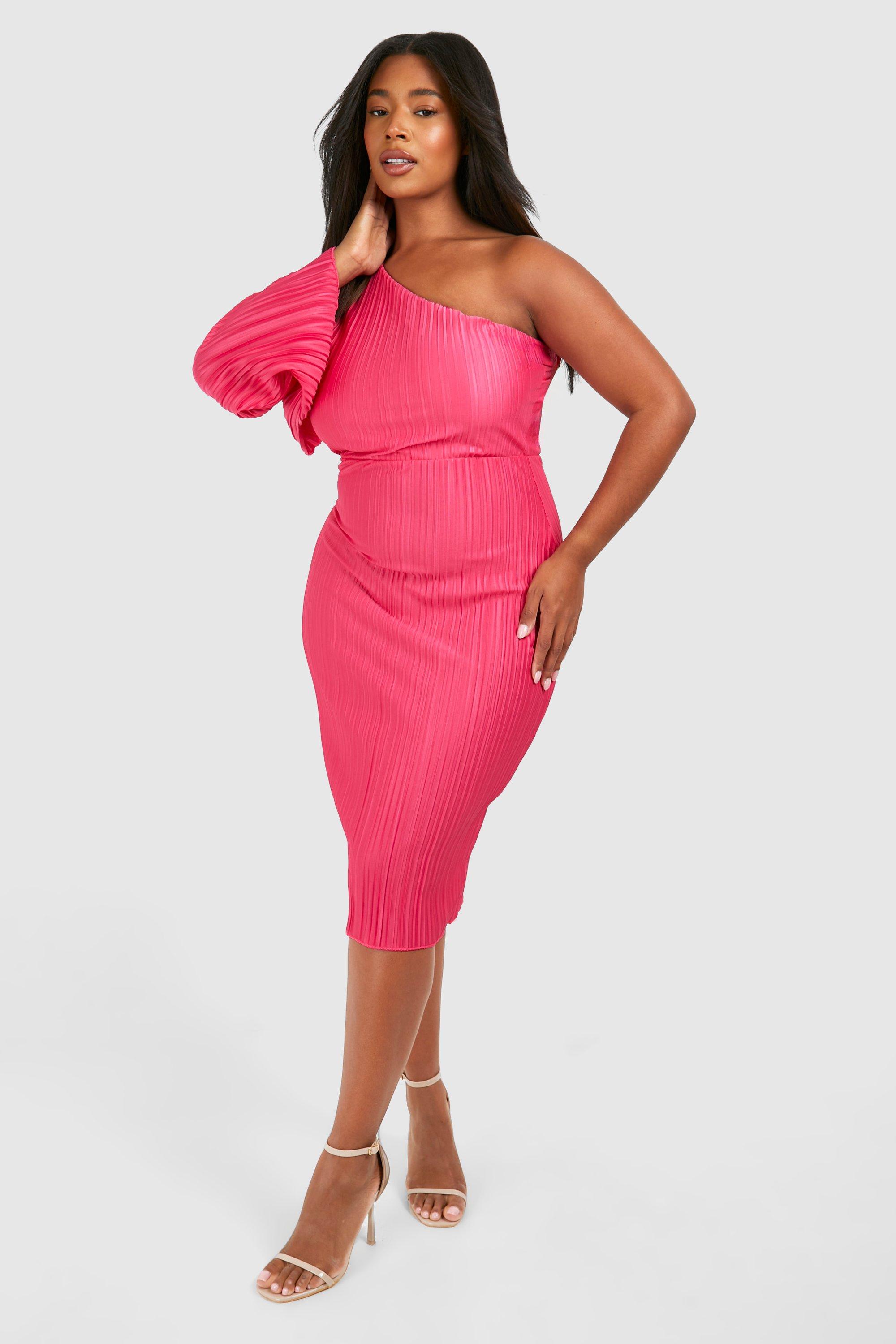 Boohoo Plus Wide Plisse Cape Sleeve Detail Midi Column Dress, Hot Pink