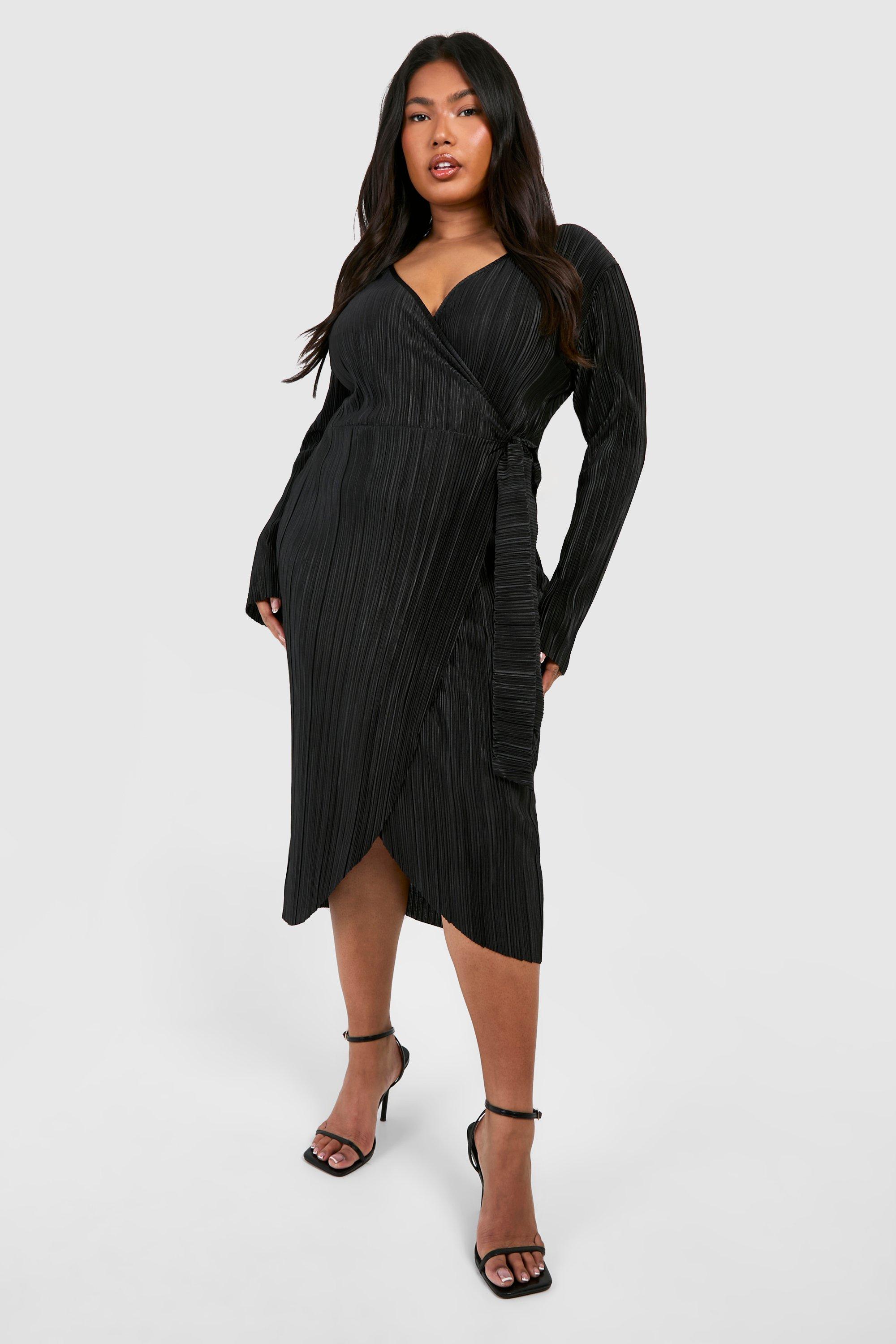 Image of Plus Plisse Wrap Midi Dress, Nero