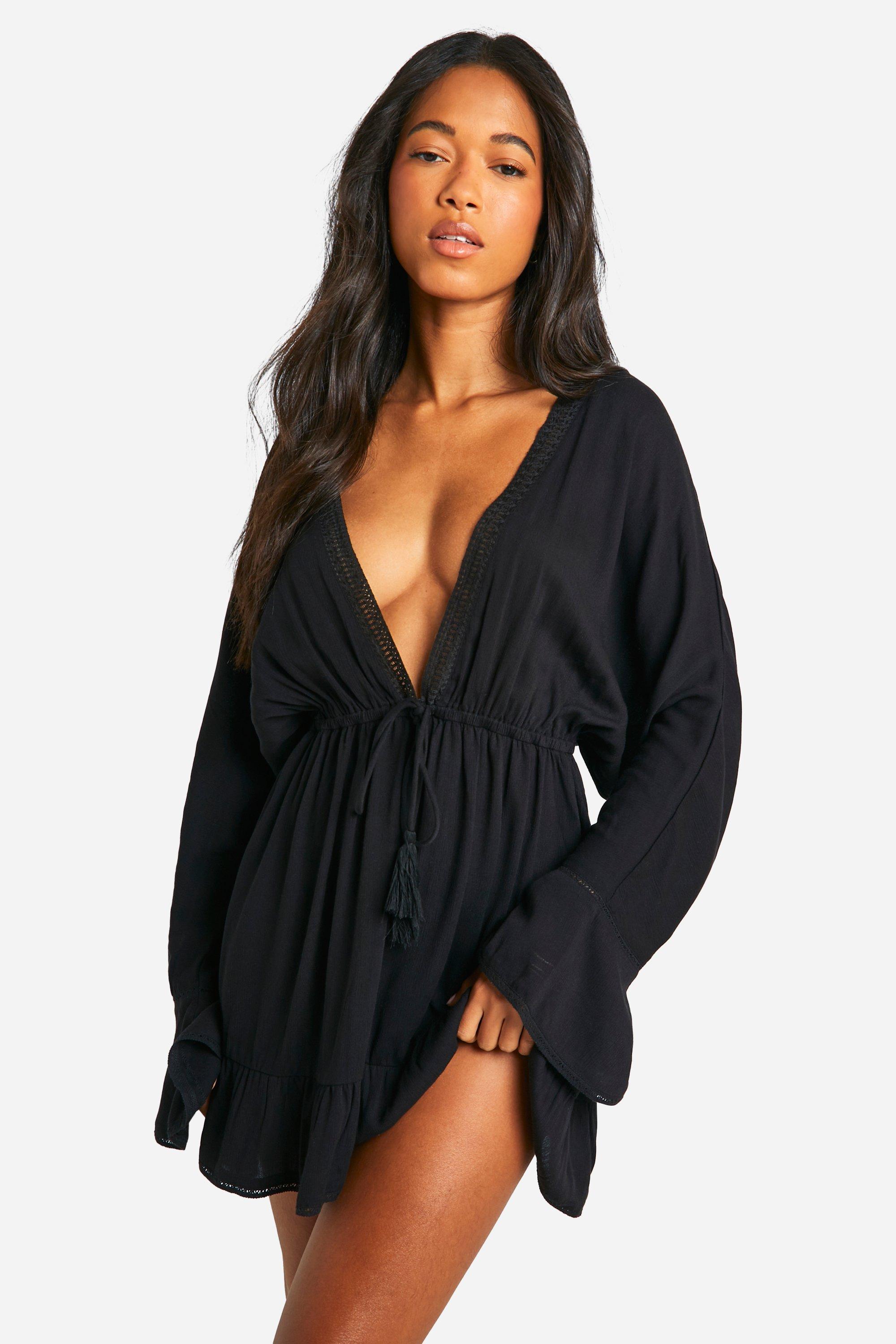 Boohoo Cheesecloth Lace Trim Beach Mini Dress, Black