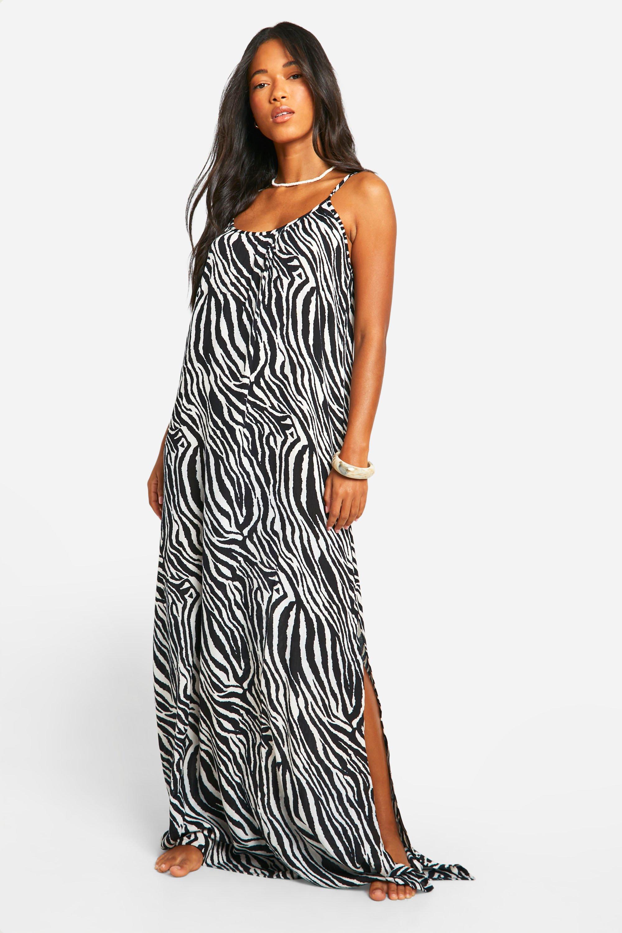 Boohoo Zebra Cheesecloth Beach Maxi Dress, Black