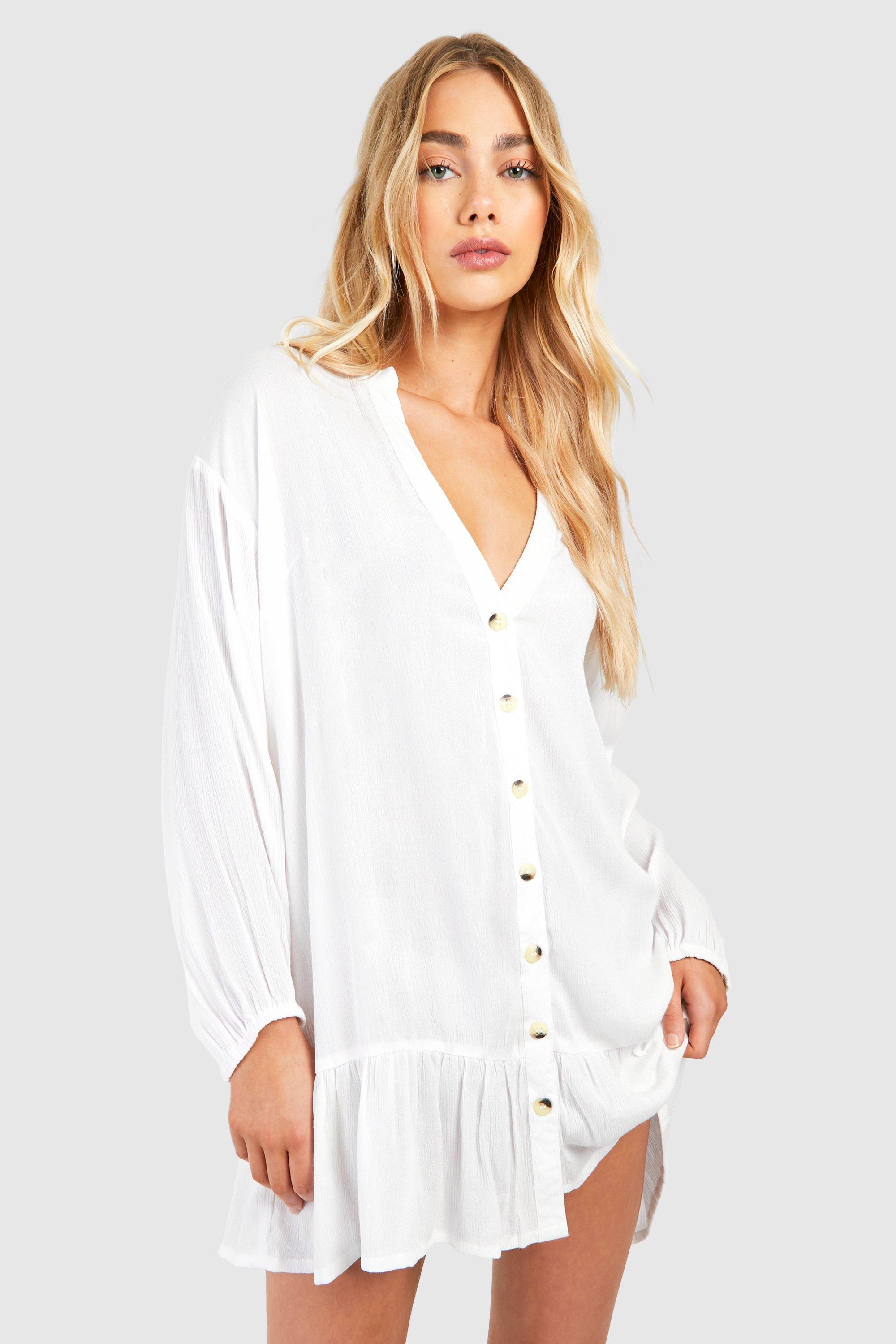 Image of Cheesecloth Button Beach Smock Dress, Bianco