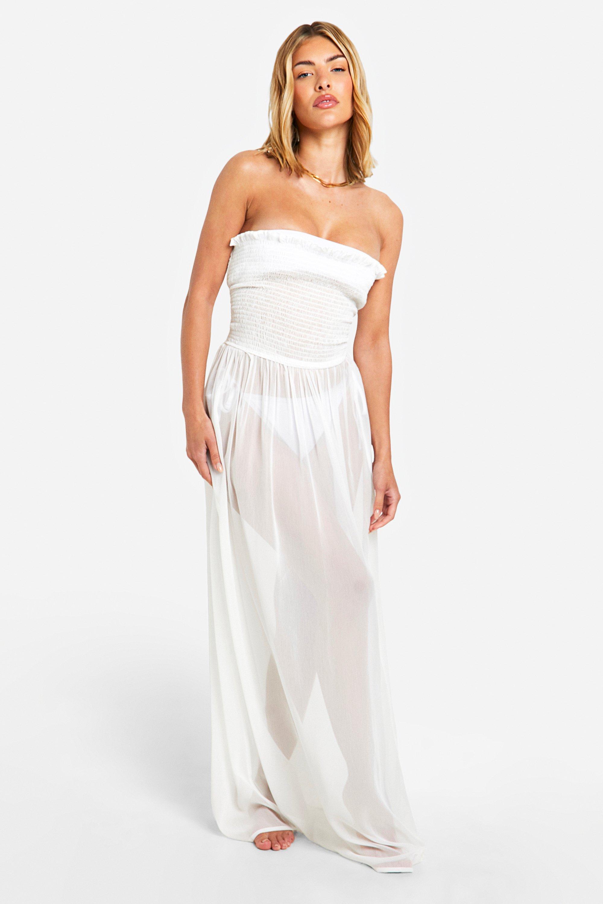 Boohoo Shirred Bandeau Beach Maxi Dress, White