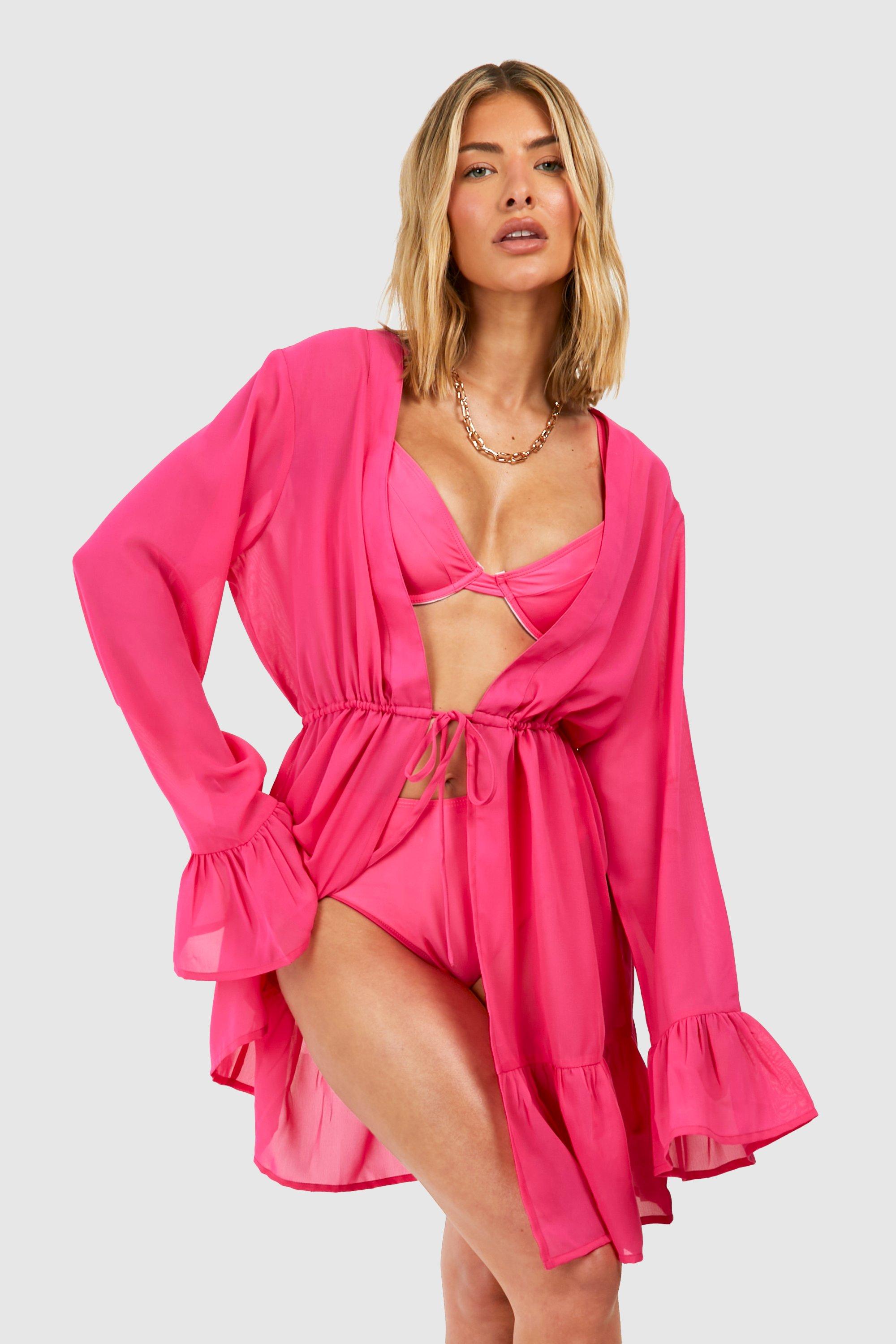 Image of Tie Front Tiered Cover-up Beach Kimono, Pink