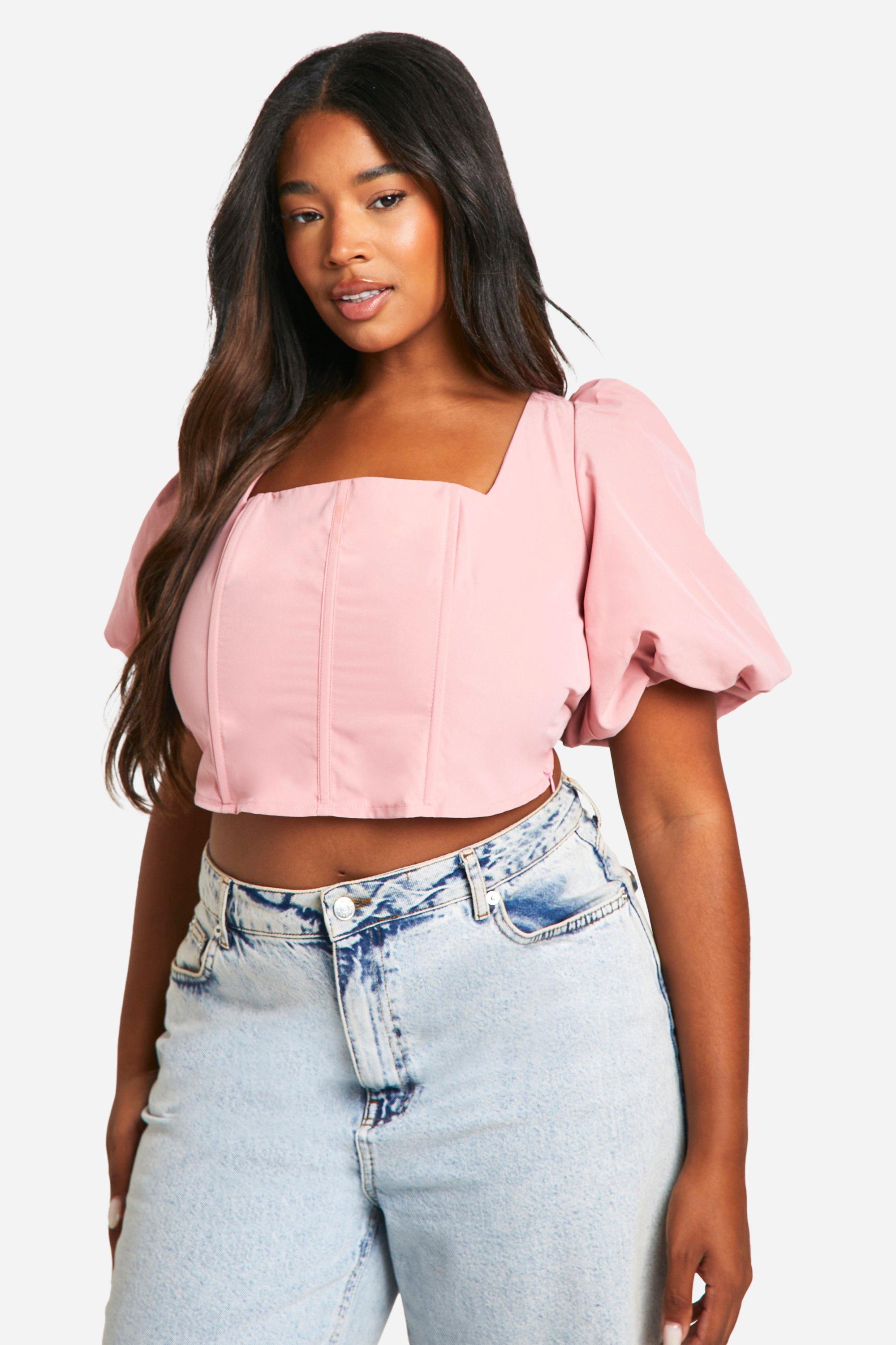 Image of Plus Puff Sleeve Square Neck Corset Top, Pink