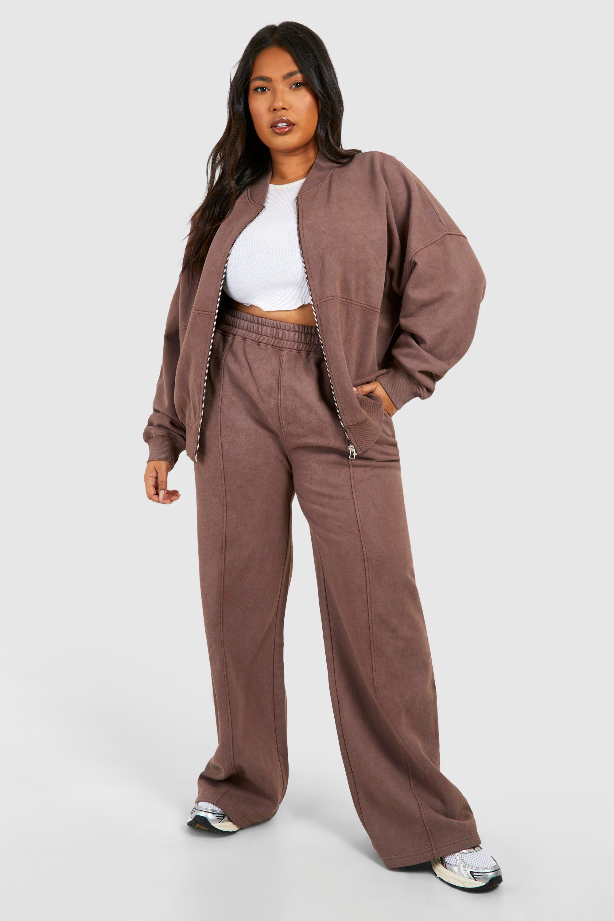 Image of Plus Washed Zip Through Bomber Straight Leg Tracksuit, Brown