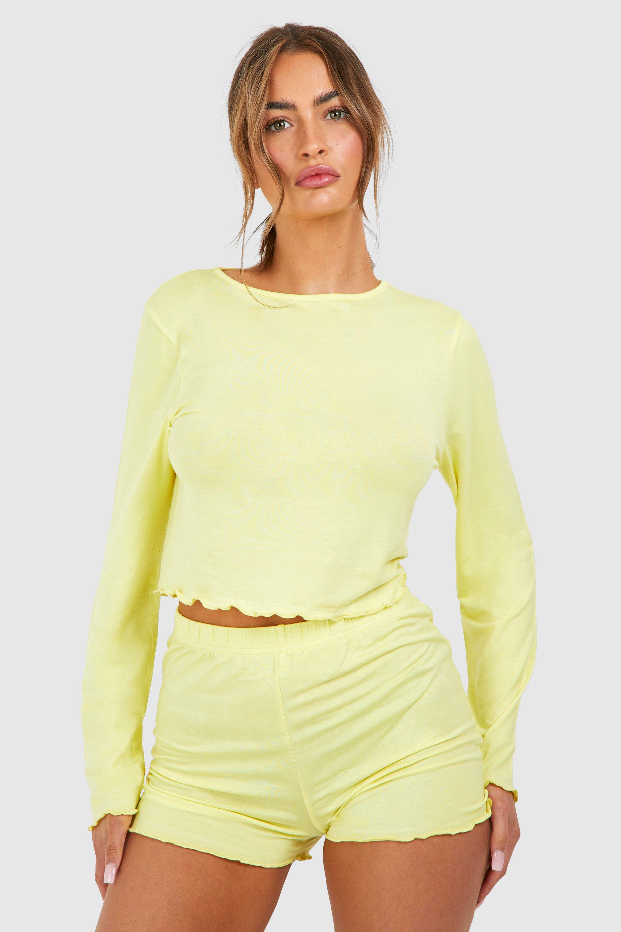 Womens Lettuce Hem Long Sleeve Top And Short Set - Yellow - 14, Yellow