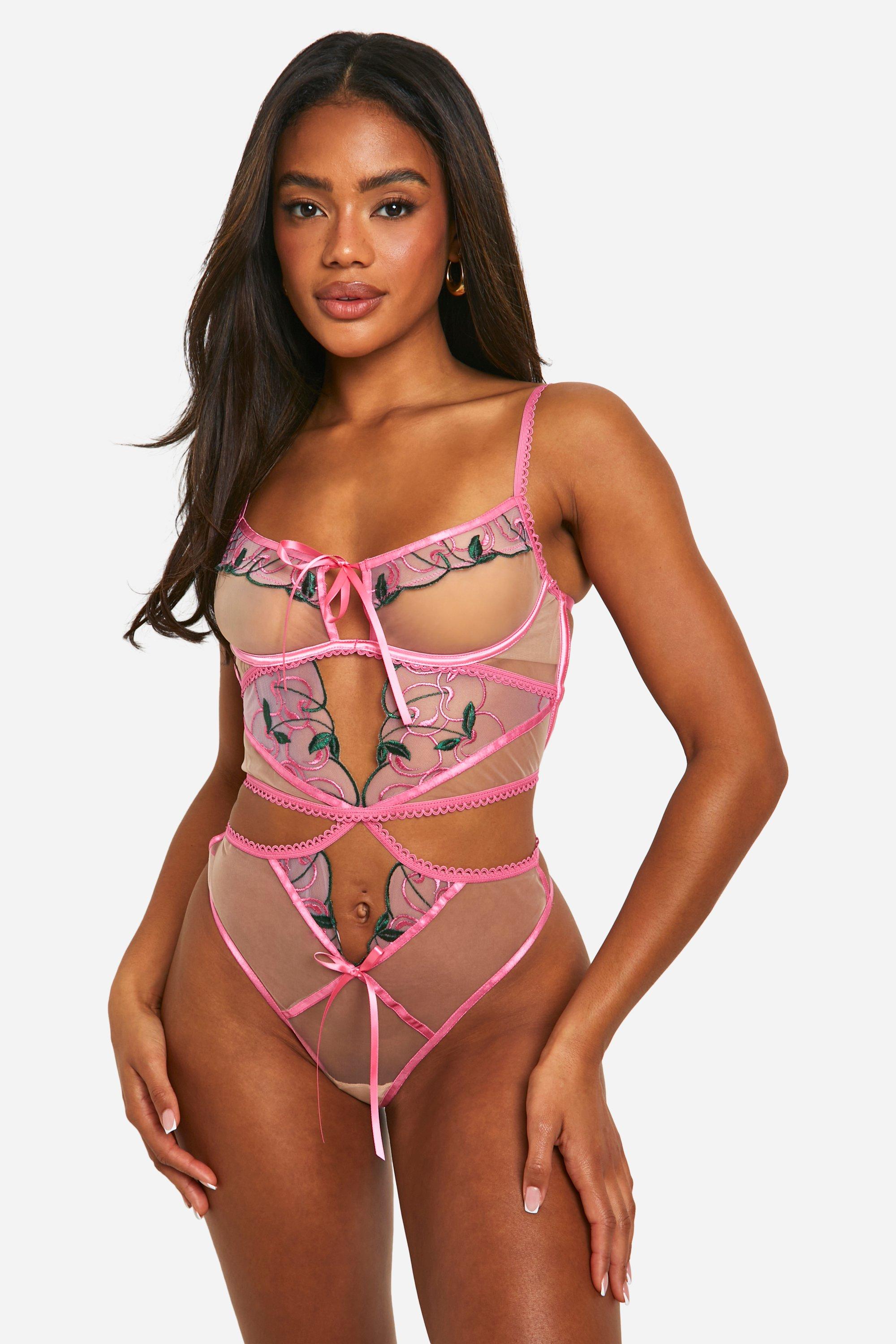 Boohoo Cherry Embroidered Detail One Piece, Pink