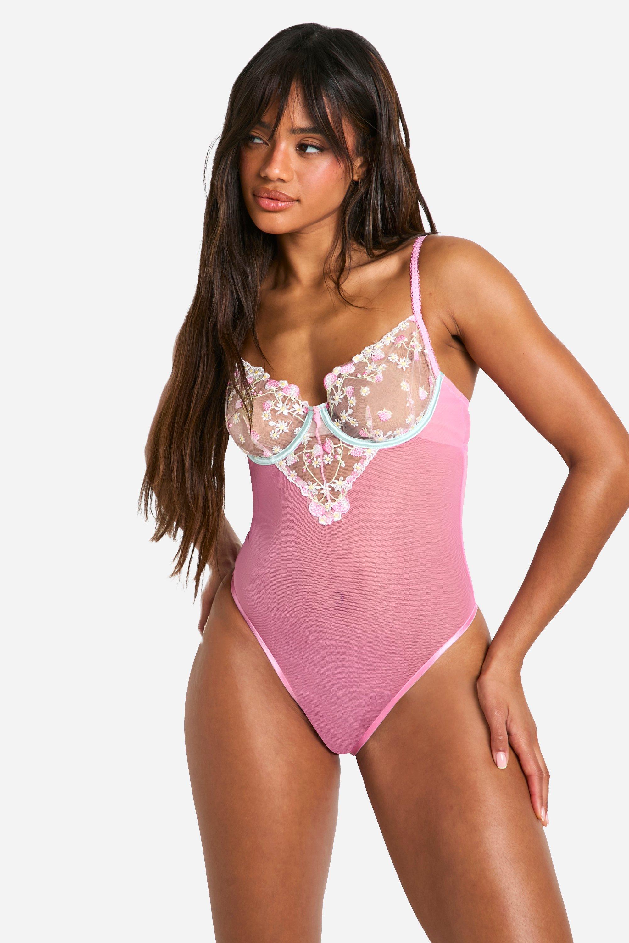 Boohoo Strawberry Embroidered Detail One Piece, Pink