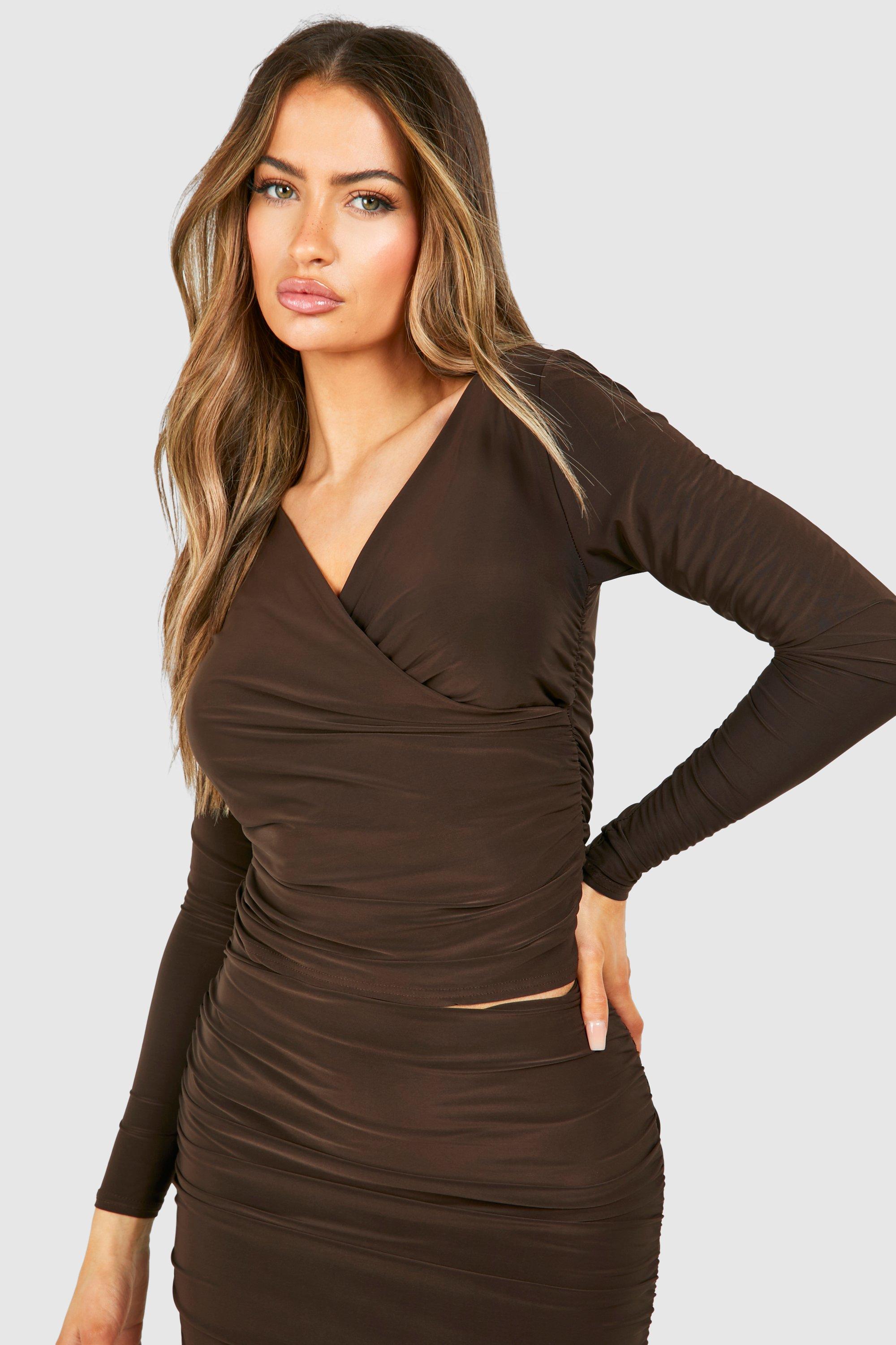 Image of V Neck Ruched Slinky Long Sleeve Top, Brown