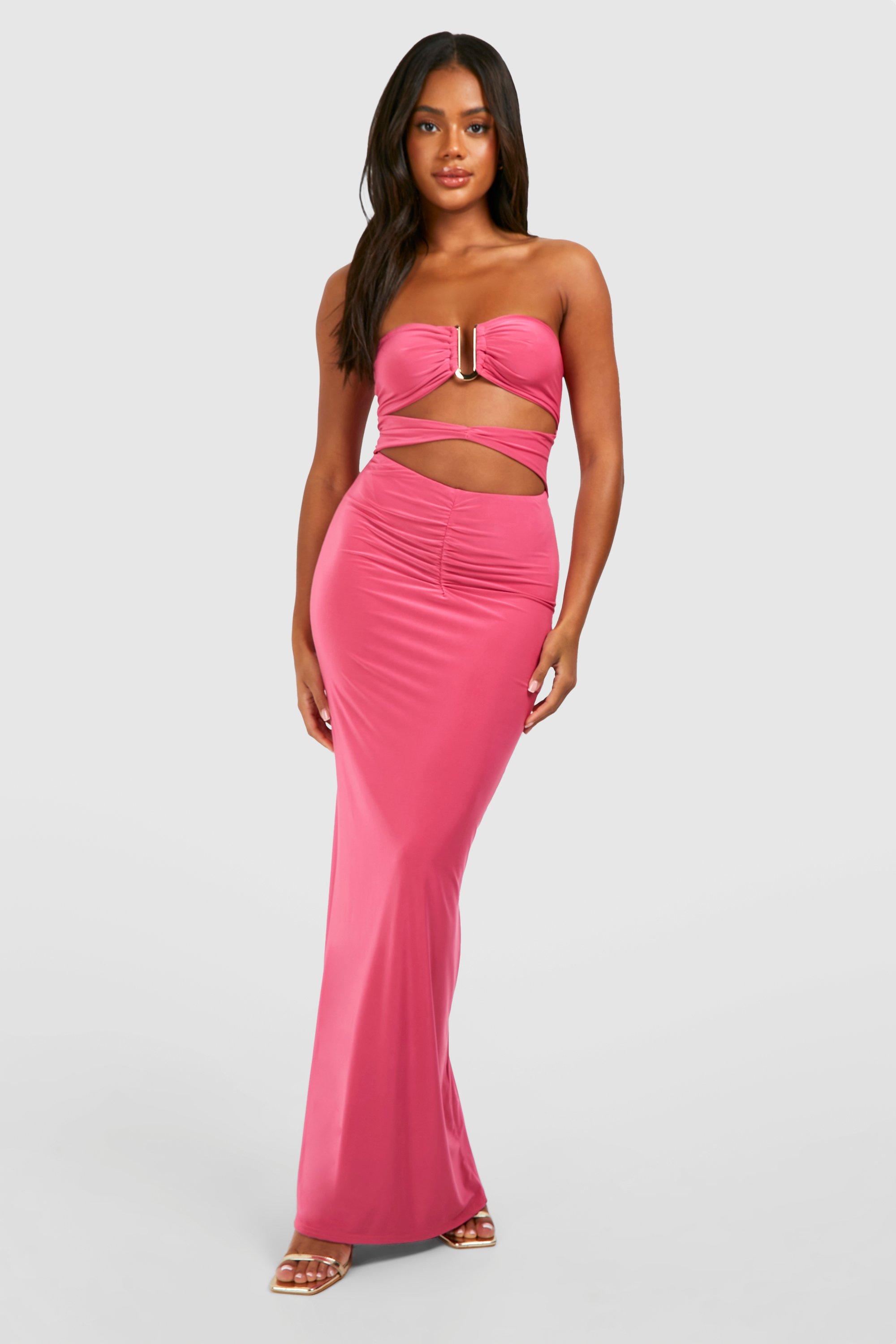 Image of Bandeau Gold Trim Cut Out Maxi Dress, Pink