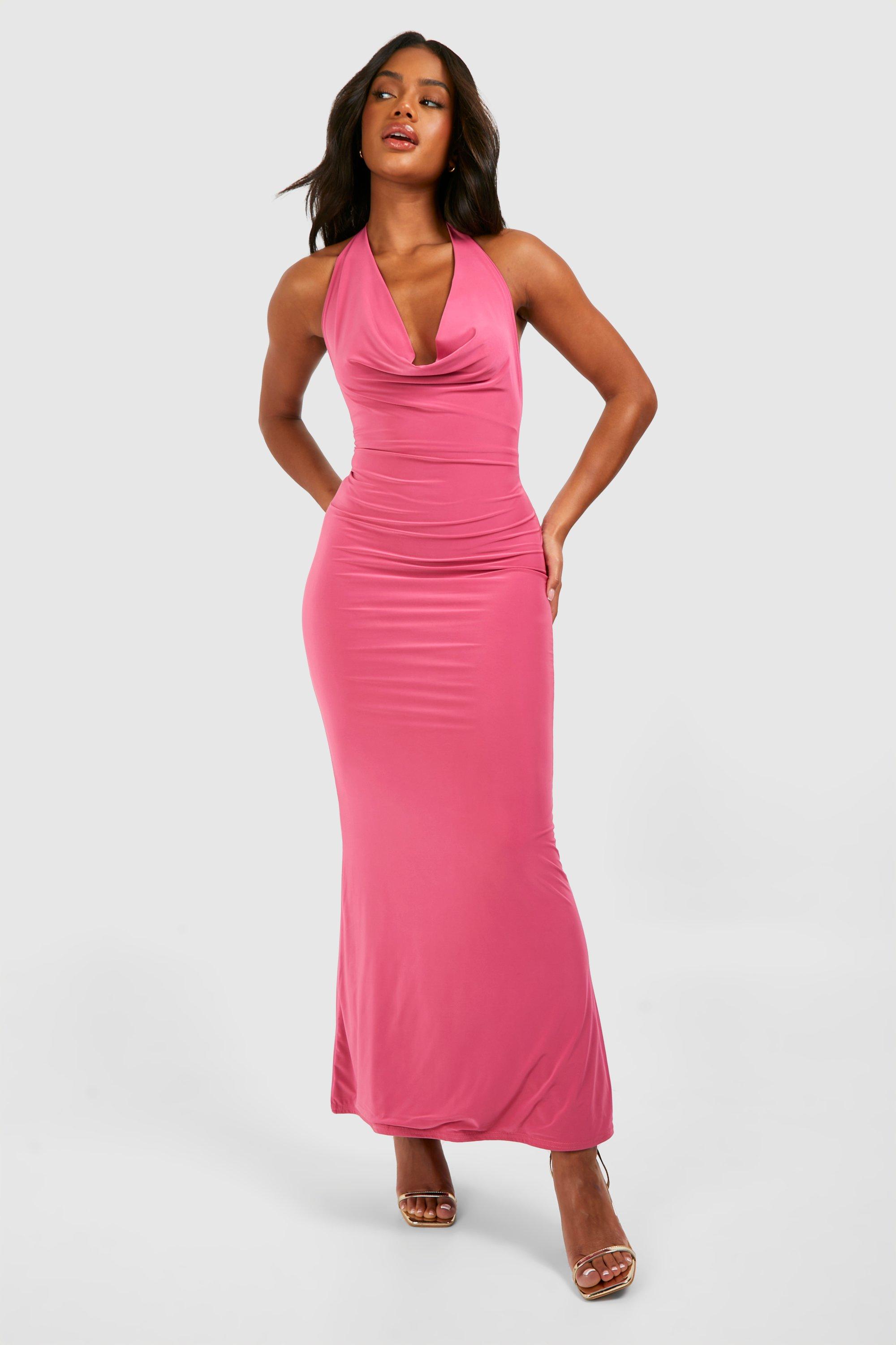 Image of Halter Neck Cowl Slinky Maxi Dress, Pink