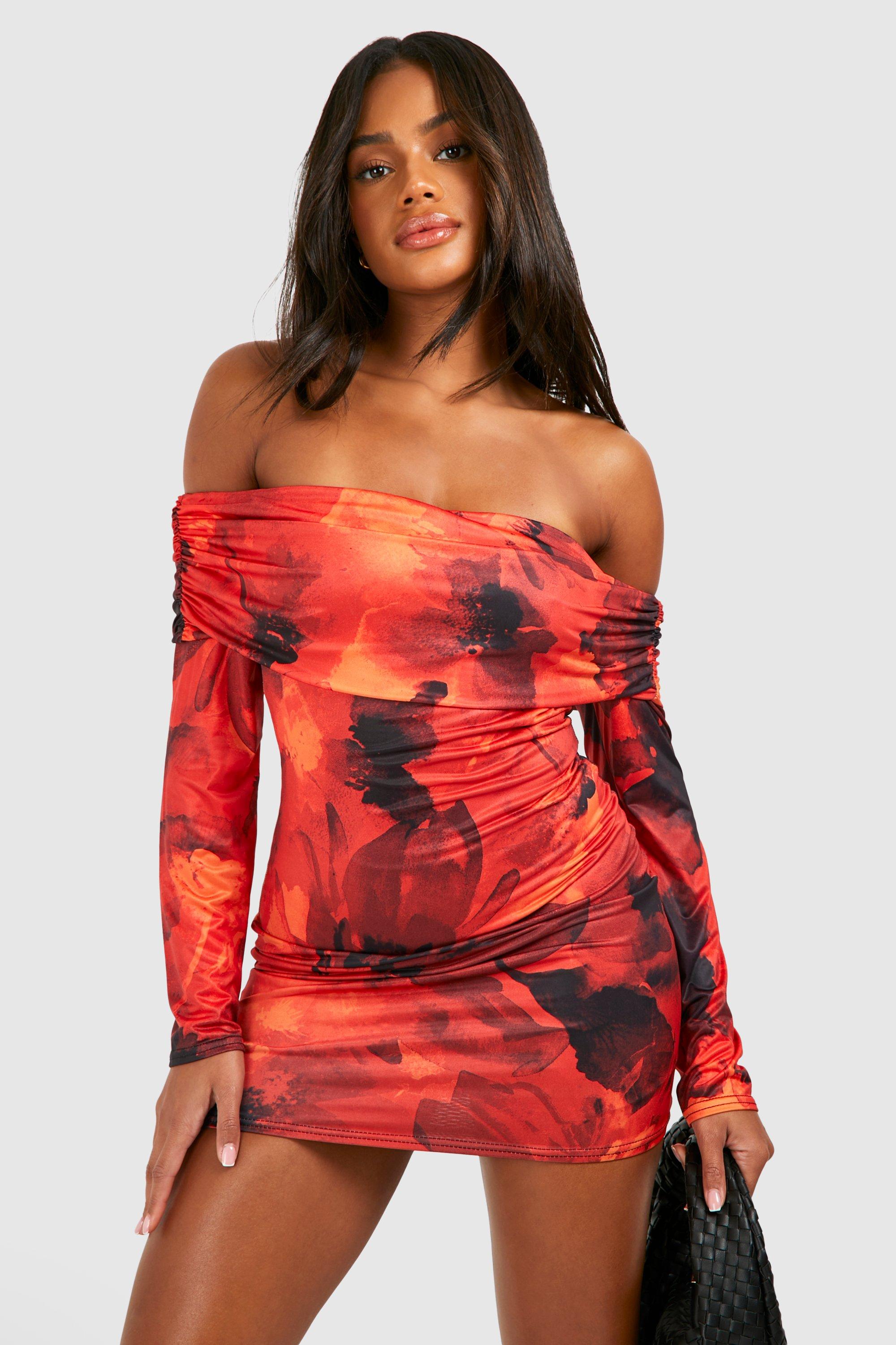 Image of Bardot Cut Out Back Printed Mini Dress, Rosso