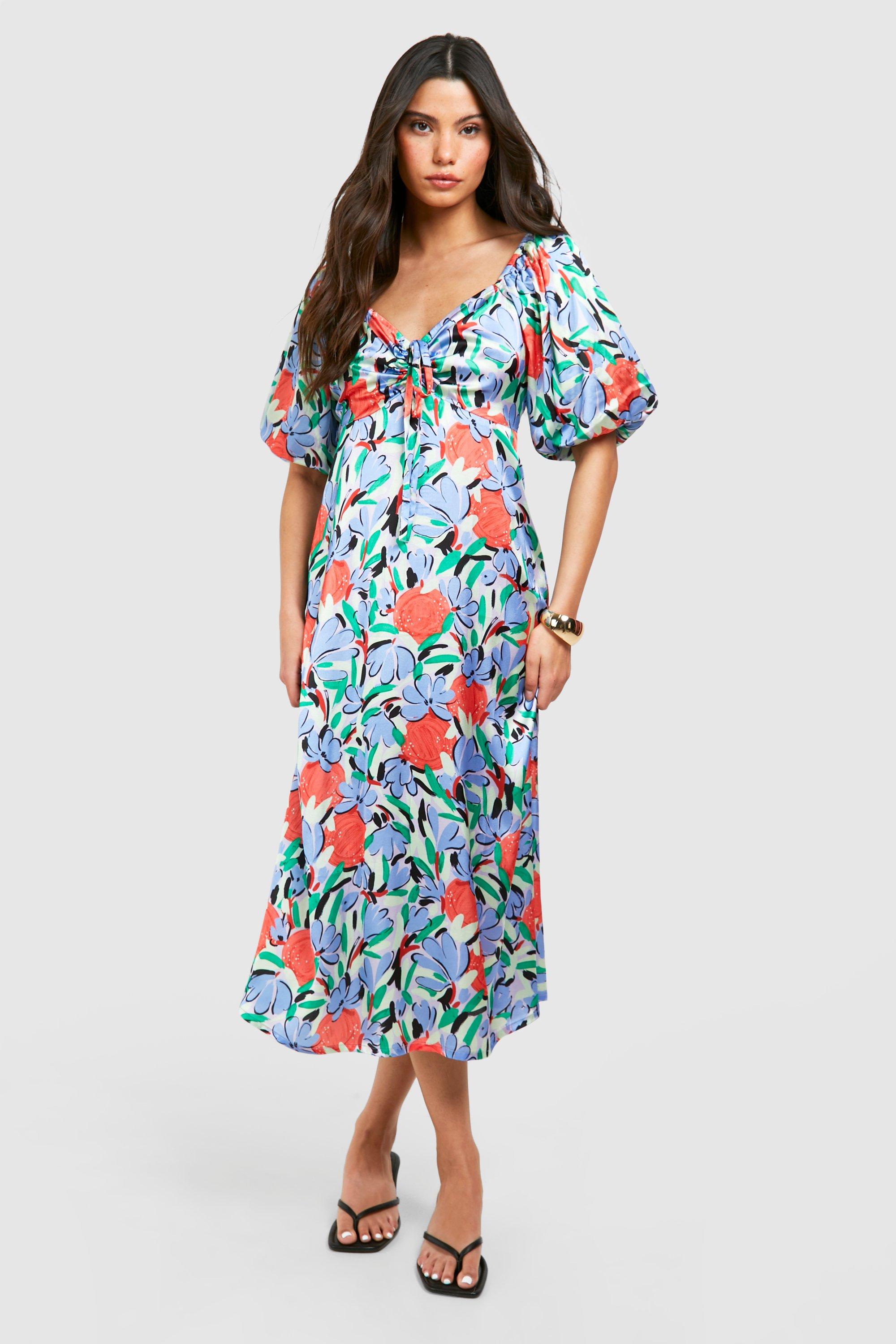 Image of Bold Floral Puff Sleeve Midaxi Dress, Multi