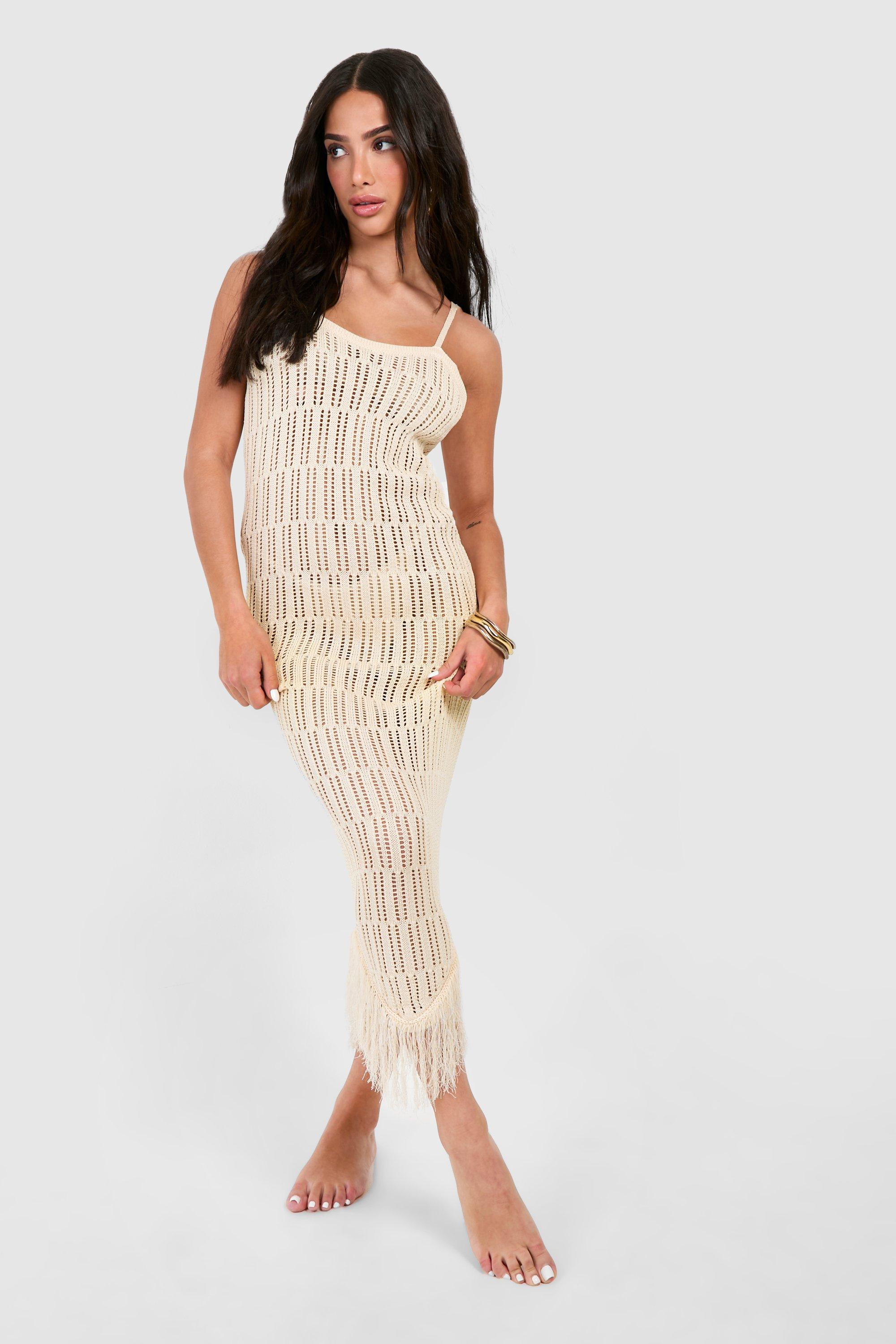 Image of Petite Crochet Frayed Hem Beach Dress, Bianco
