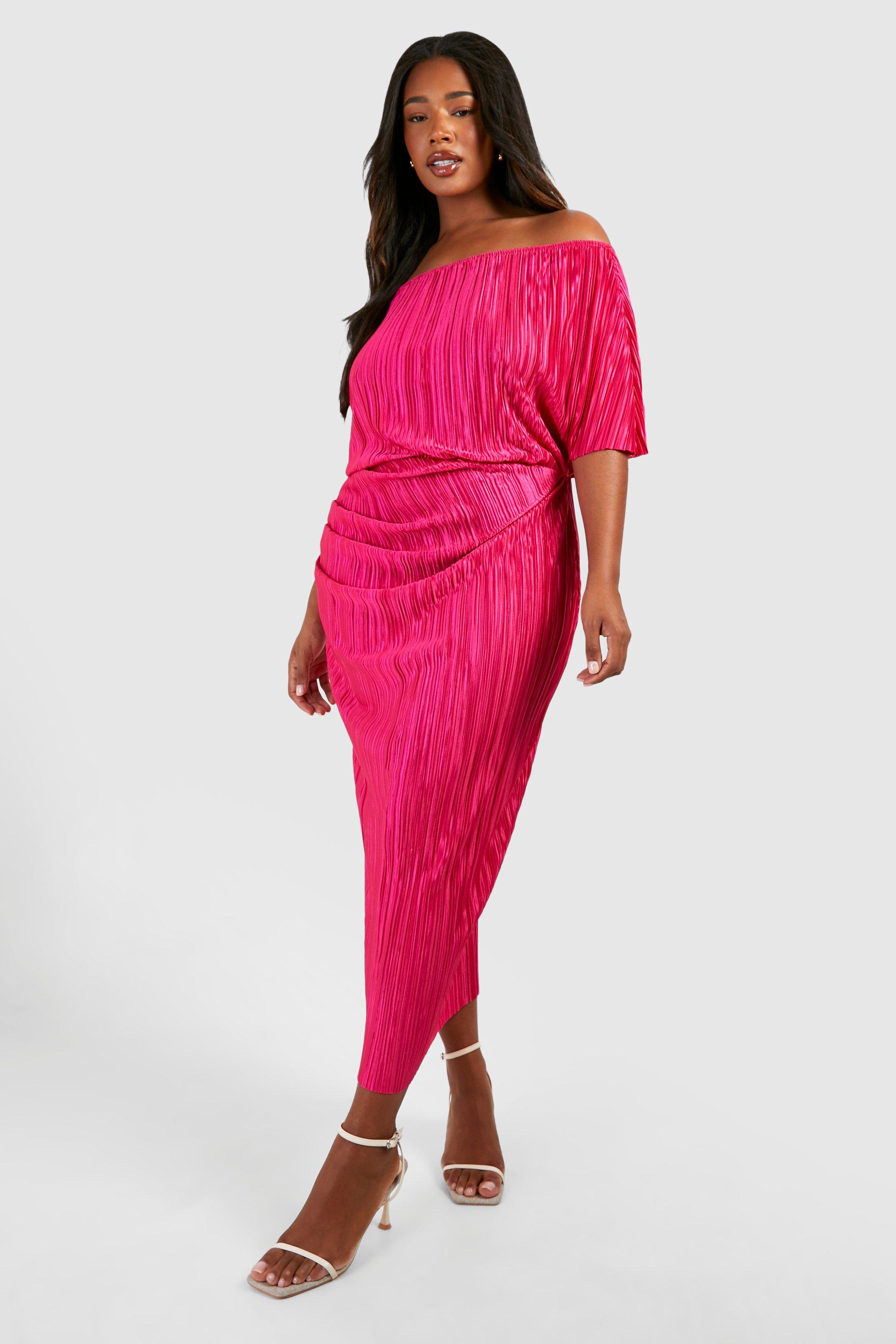 Plus Off The Shoulder Plisse Midi Dress - Pink - 16