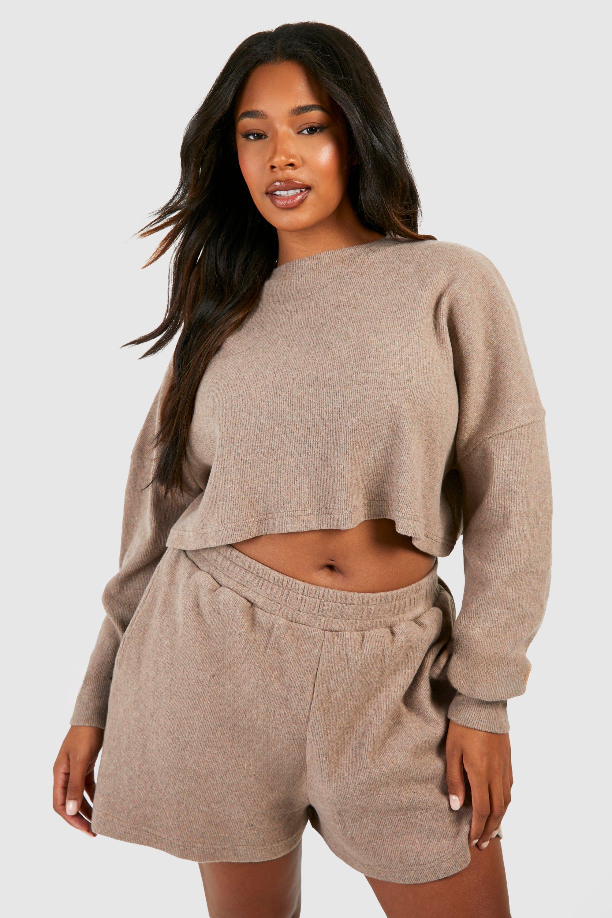 Womens Plus Brushed Rib Short And Boxy Crop Set - Beige - 20, Beige