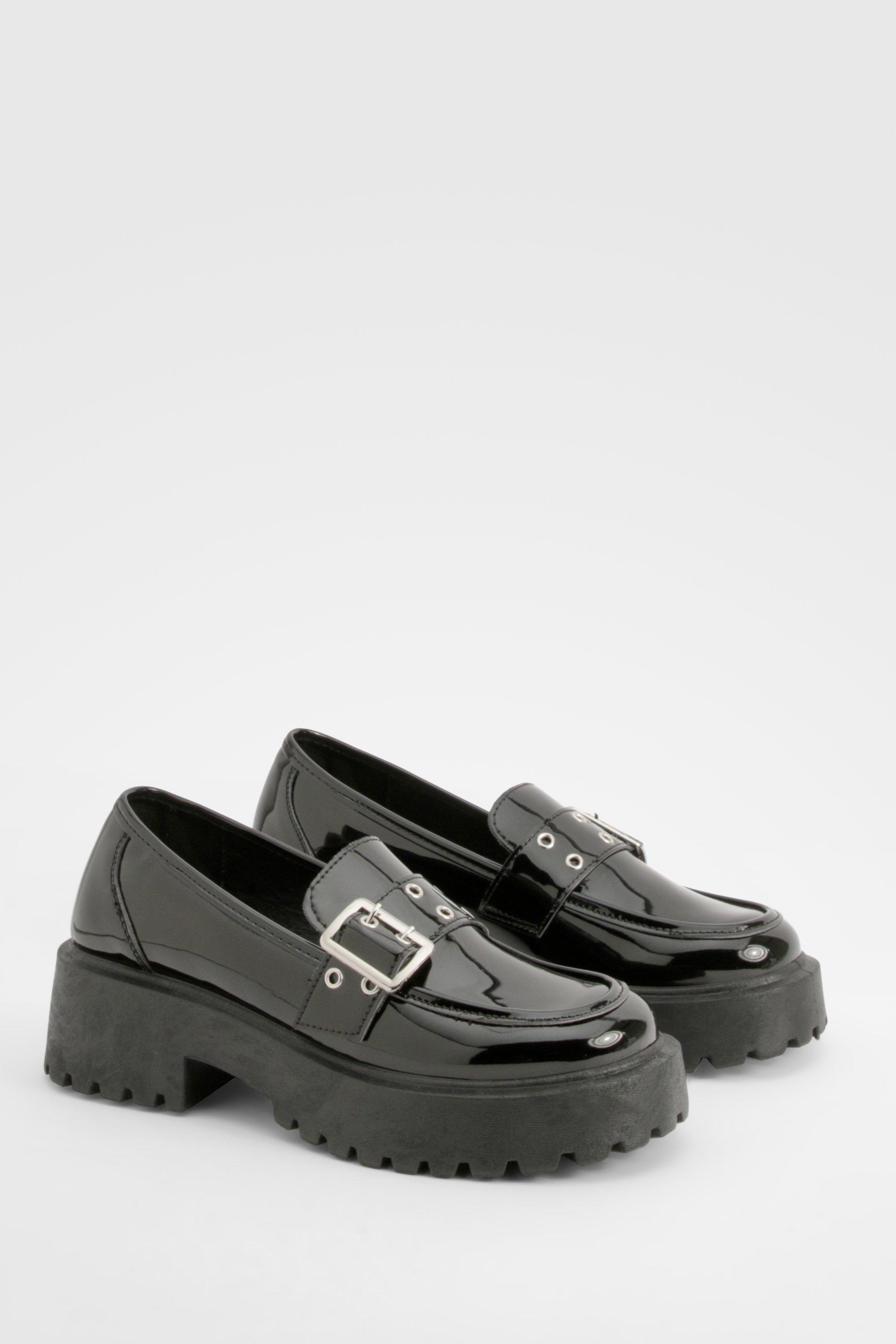 Boohoo Chunky Sole Patent Buckle Loafers, Black