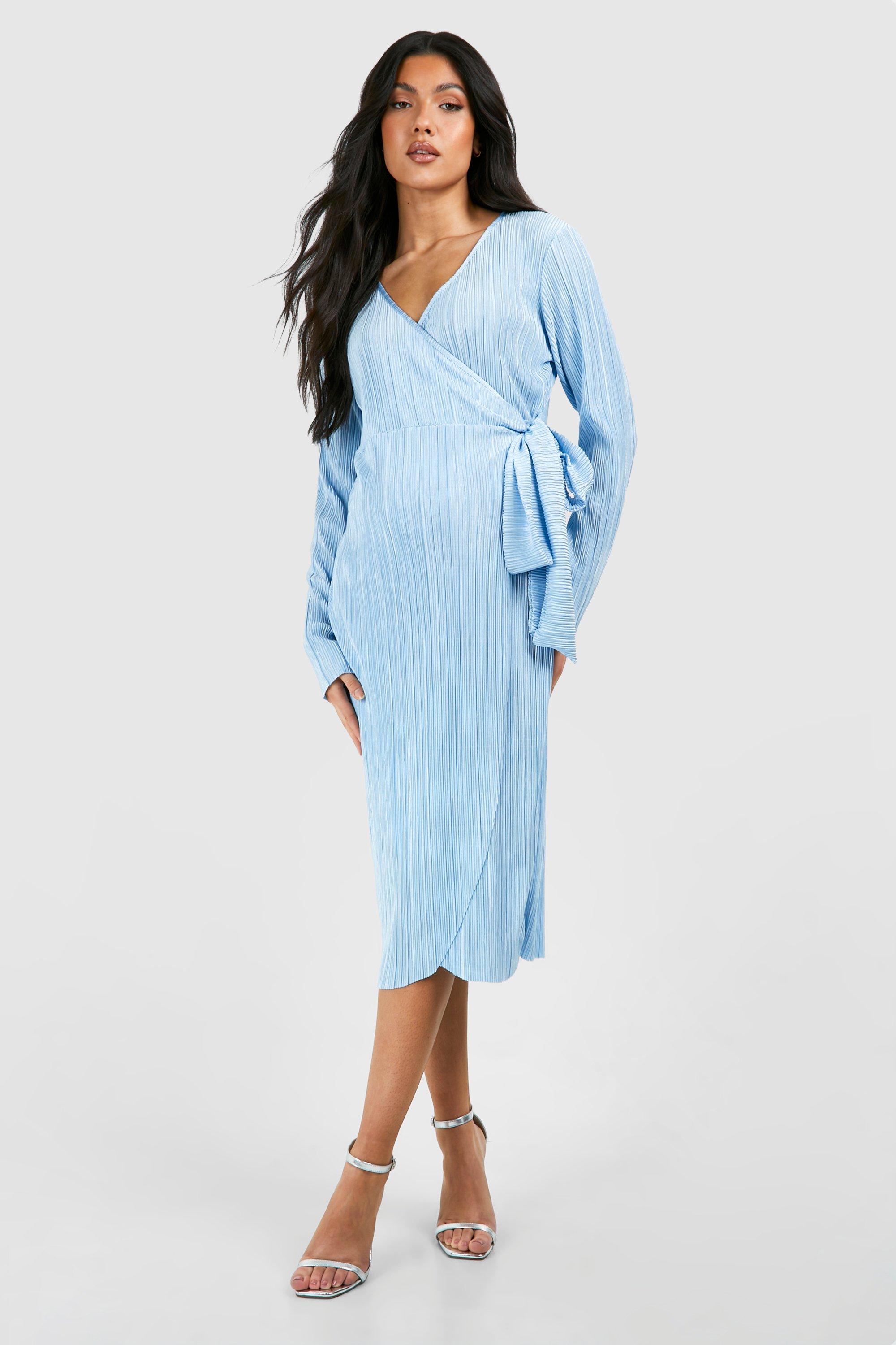 Image of Maternity Plisse Wrap Belted Midi Dress, Azzurro
