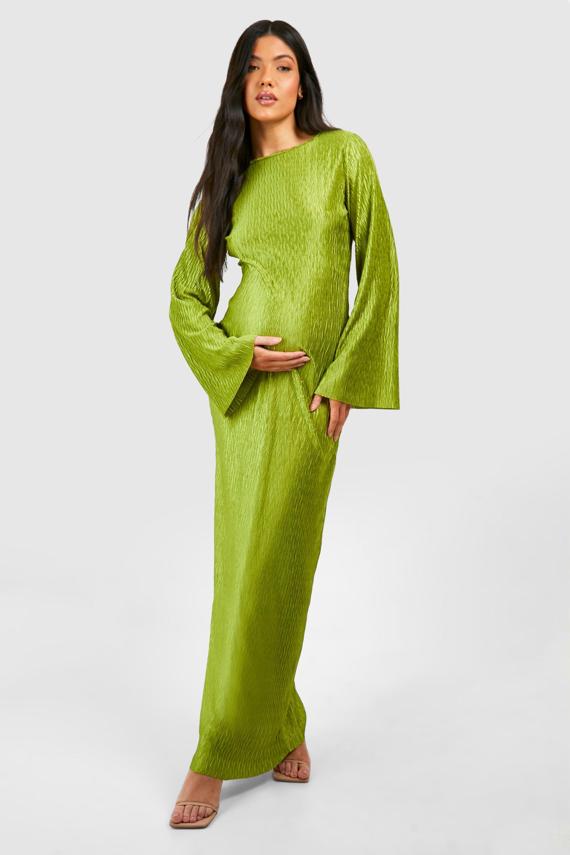 Maternity Wave Plisse Flared Sleeve Column Maxi Dress - Green - 12