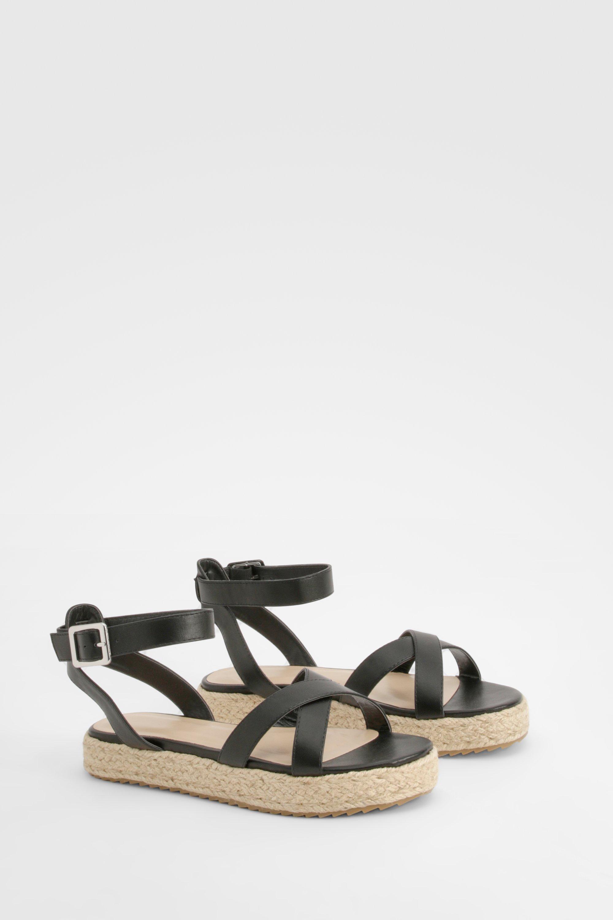 Womens Cross Over Flatform Espadrille Sandals - Black - 3, Black