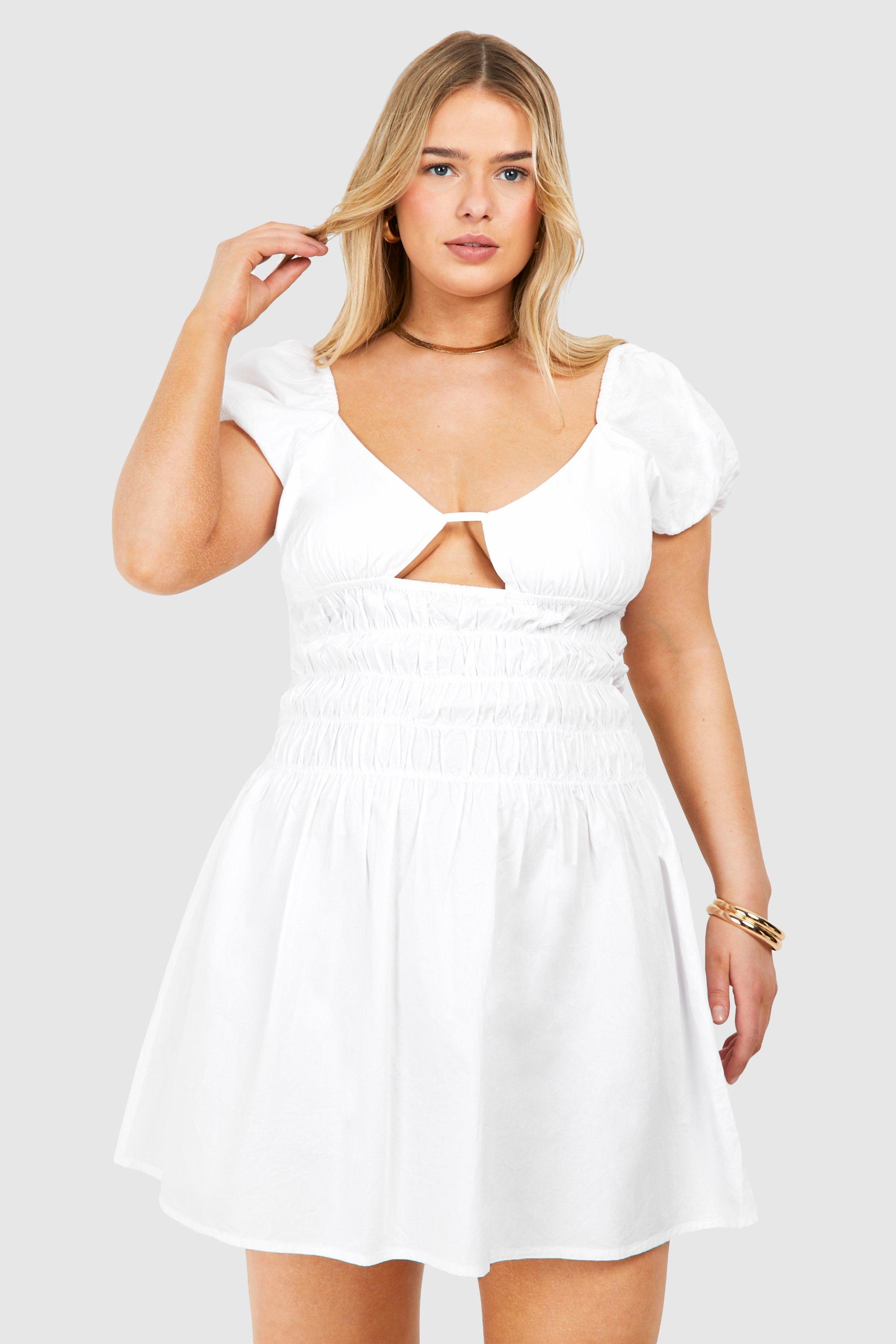 Image of Plus Puff Sleeve Cut Out Smock Dress, Bianco
