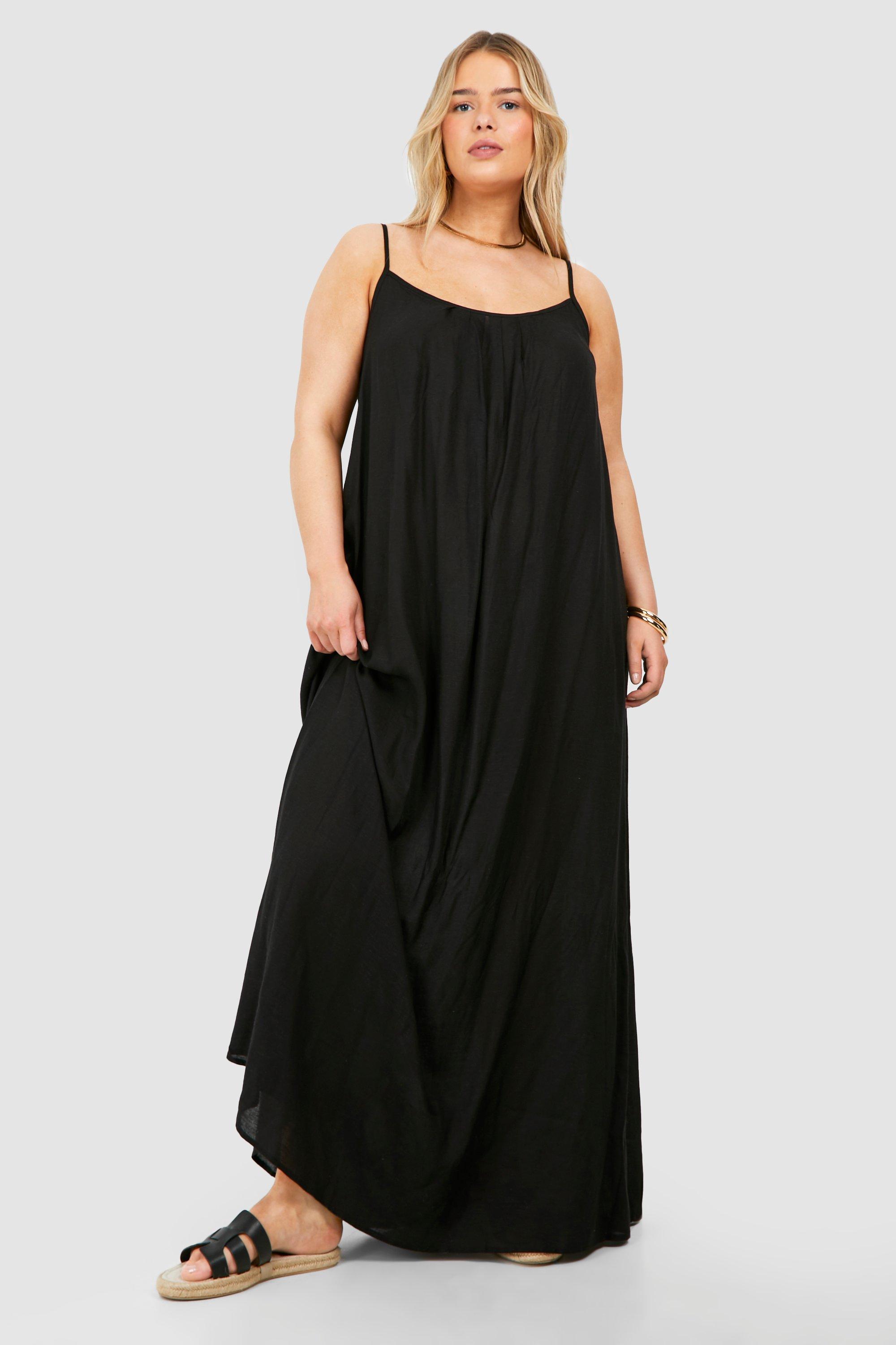 Image of Plus Linen Look Pleated Maxi Dress, Nero