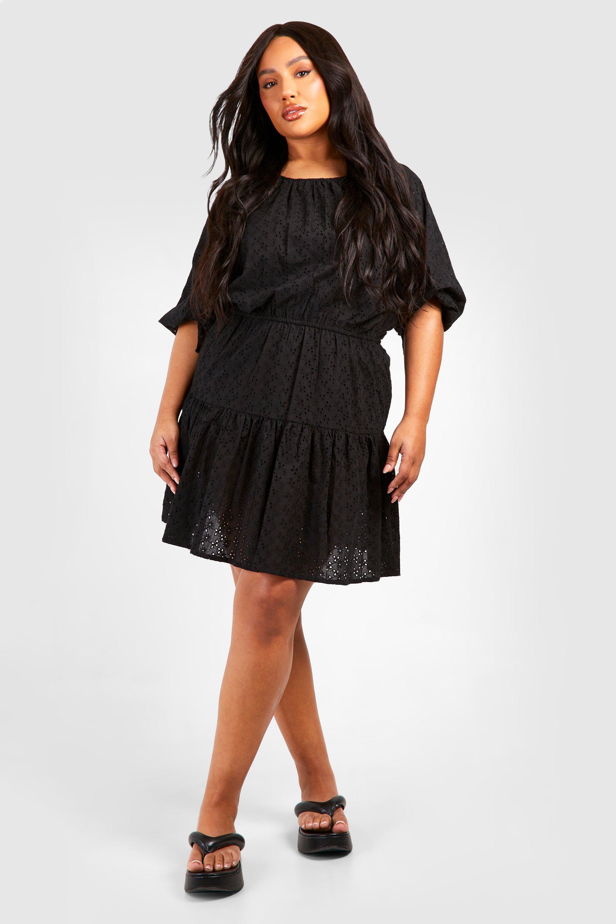 Image of Plus Broderie Tiered Smock Dress, Nero