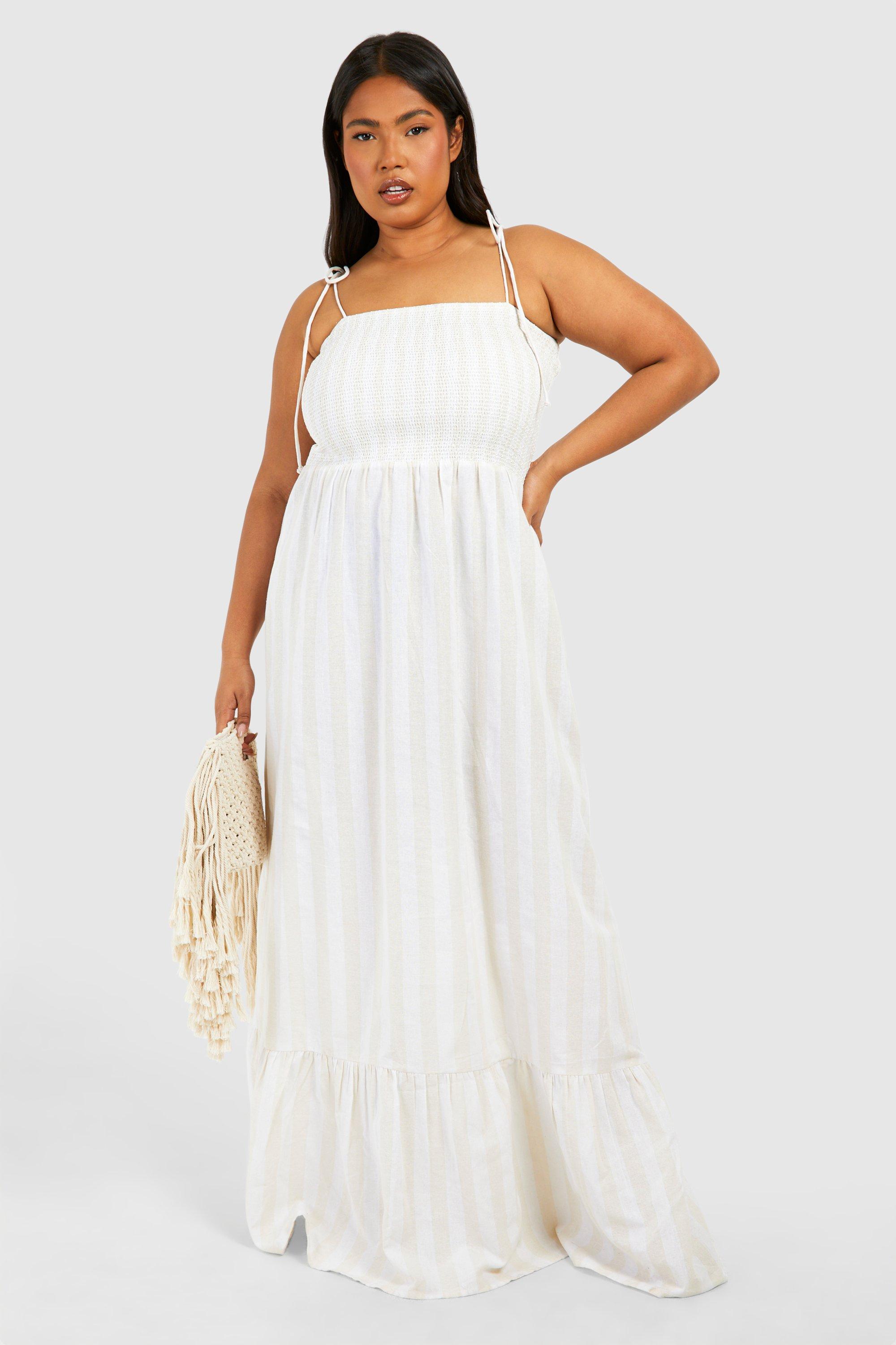 Image of Plus Linen Look Shirred Stripe Bandeau Maxi Dress, Beige
