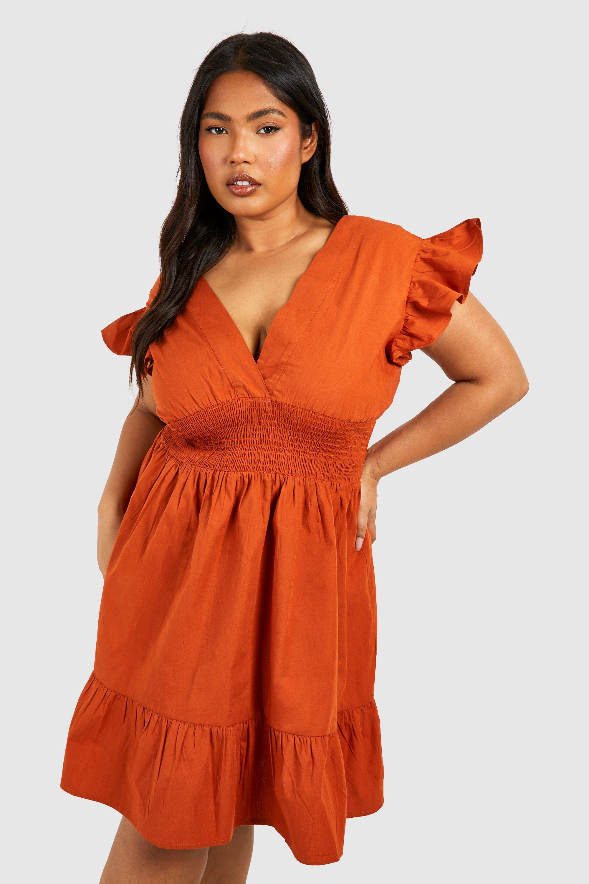 Image of Plus Ruffle Detail Mini Dress, Arancio