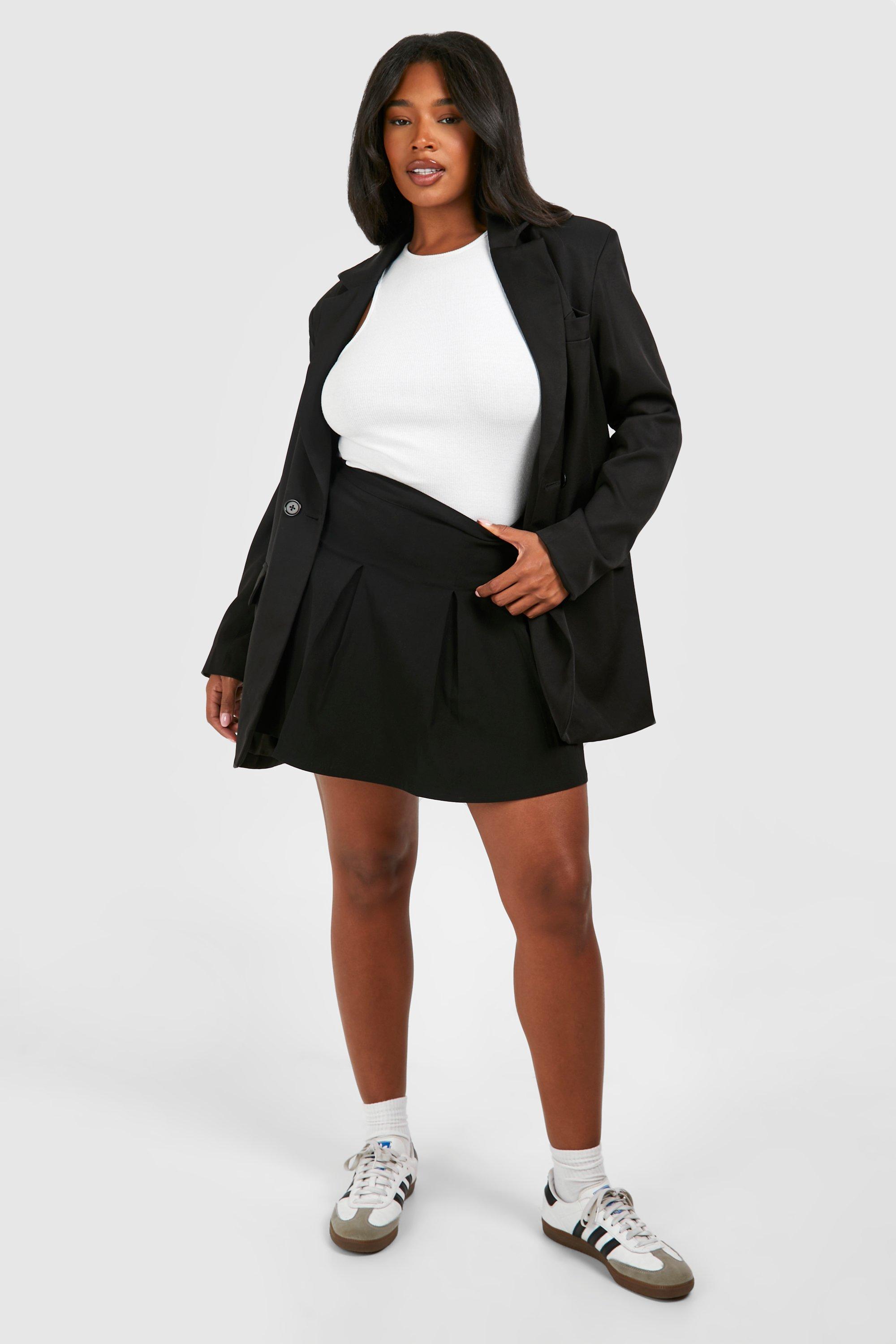 Boohoo Plus Geplooide Bengaline Skater Rok, Black