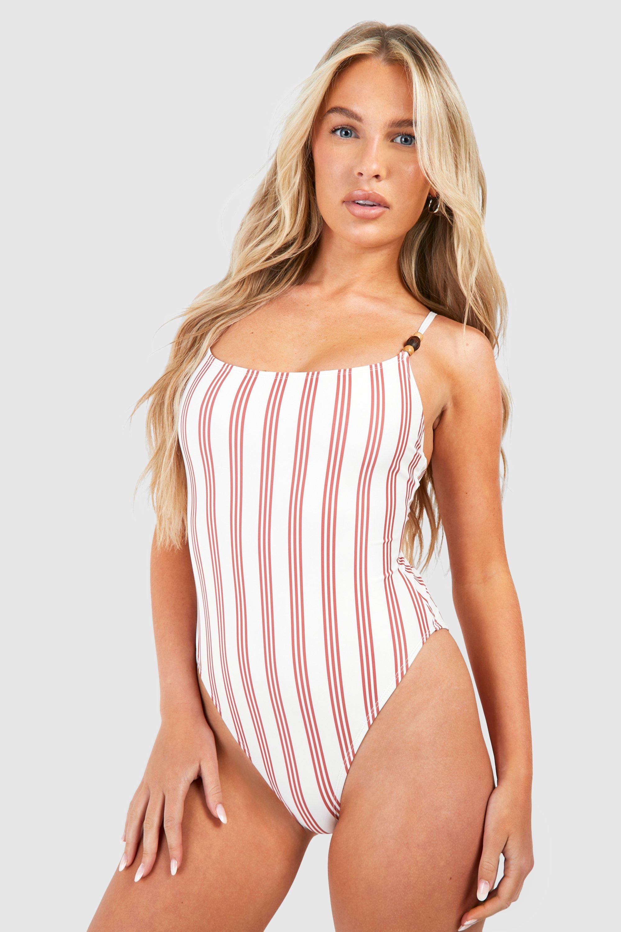 Image of Stripe Print Strap Detail Swimsuit, Bianco