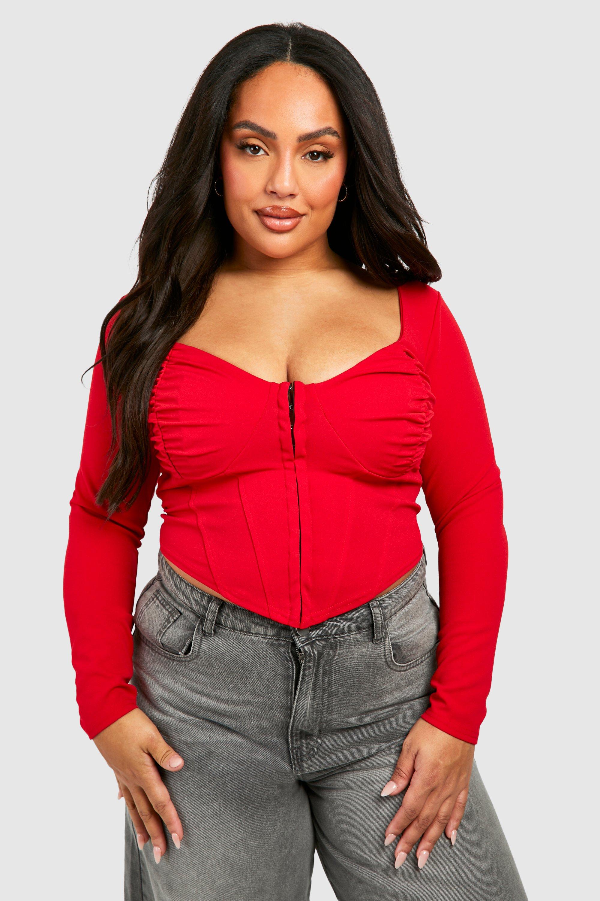 Plus Ruched Detail Hook And Eye Corset Top - Red - 16