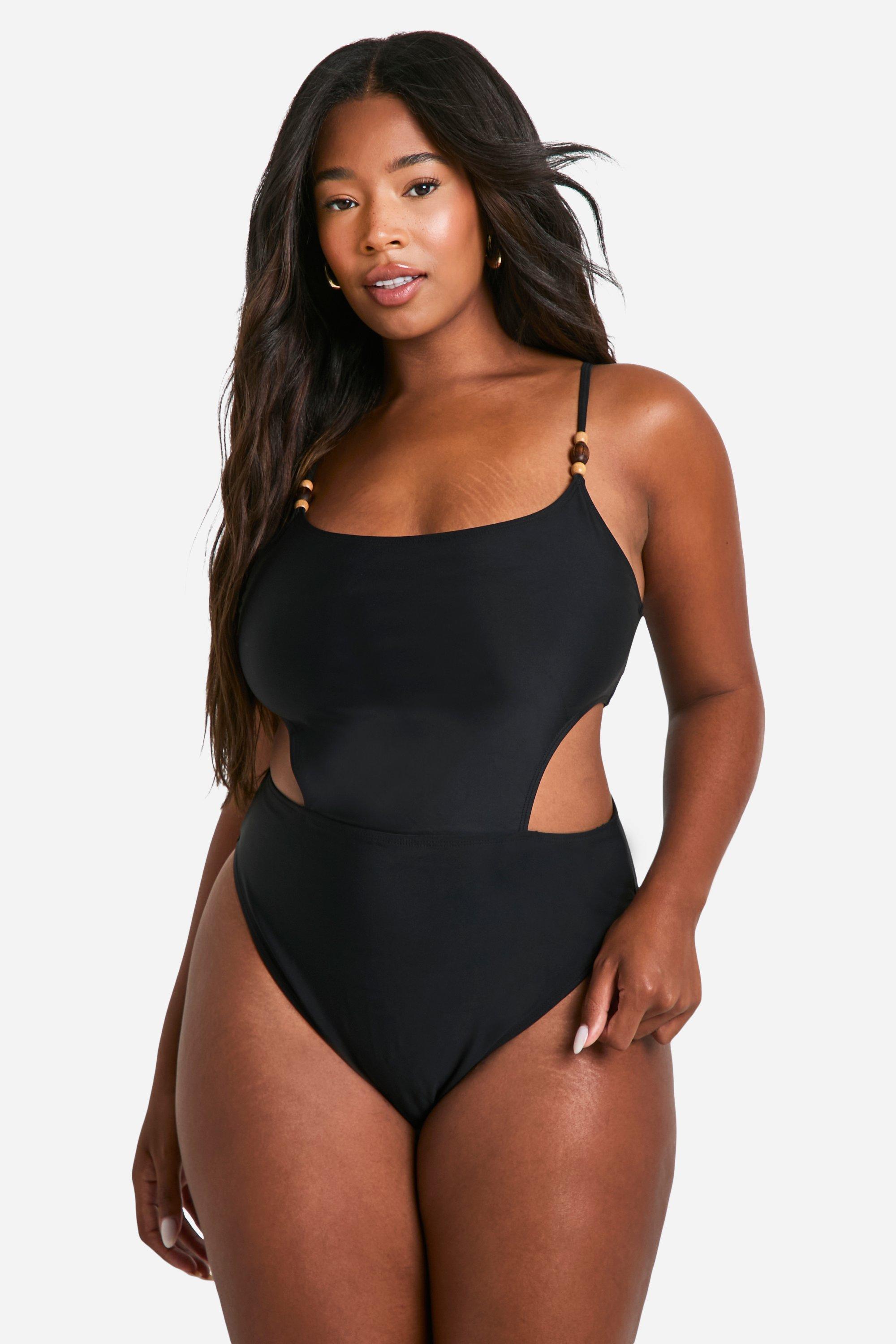 Image of Plus Bead Detail Cut Out Side Swimsuit, Nero