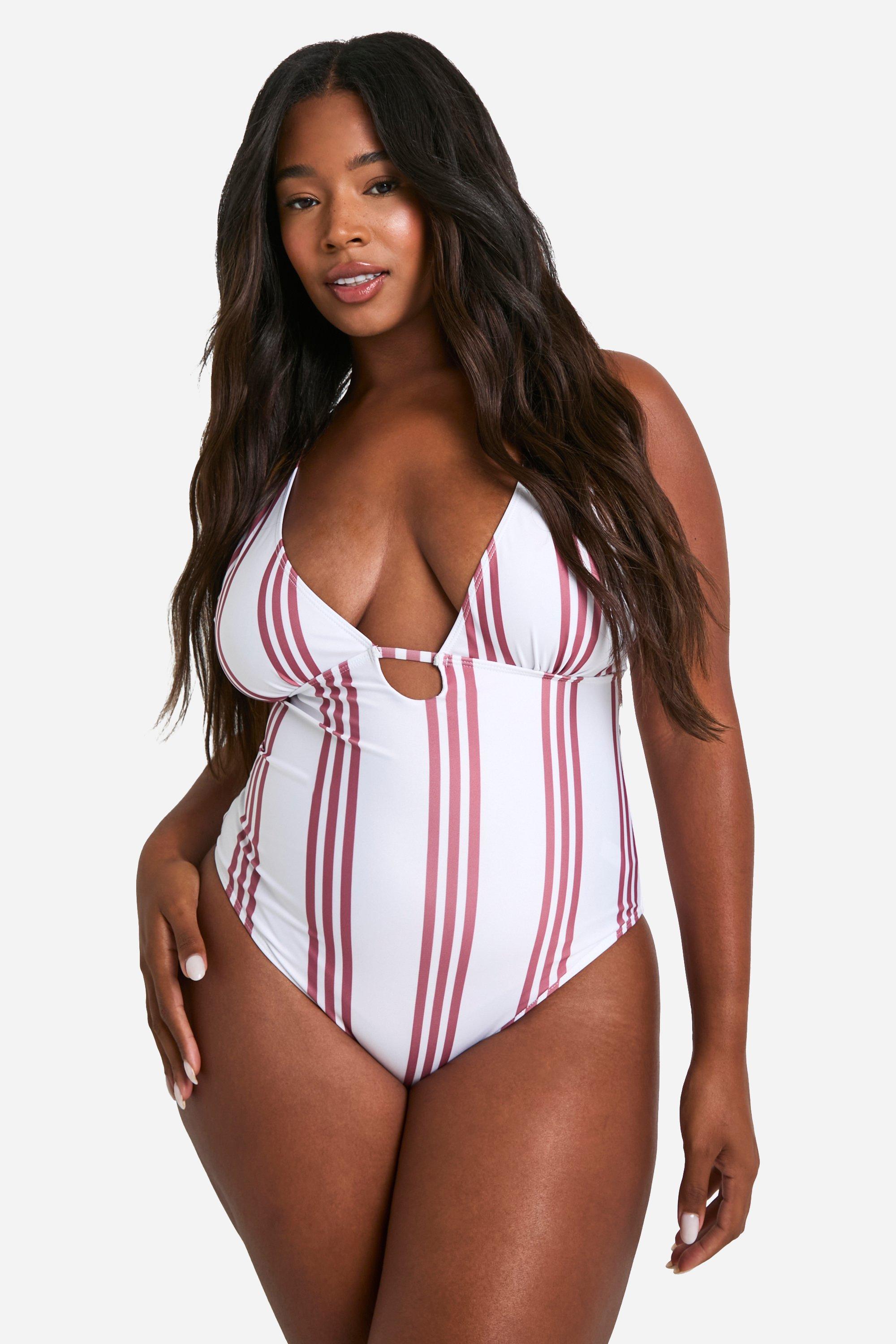 Image of Plus Stripe Strap Detial Swimsuit, Bianco