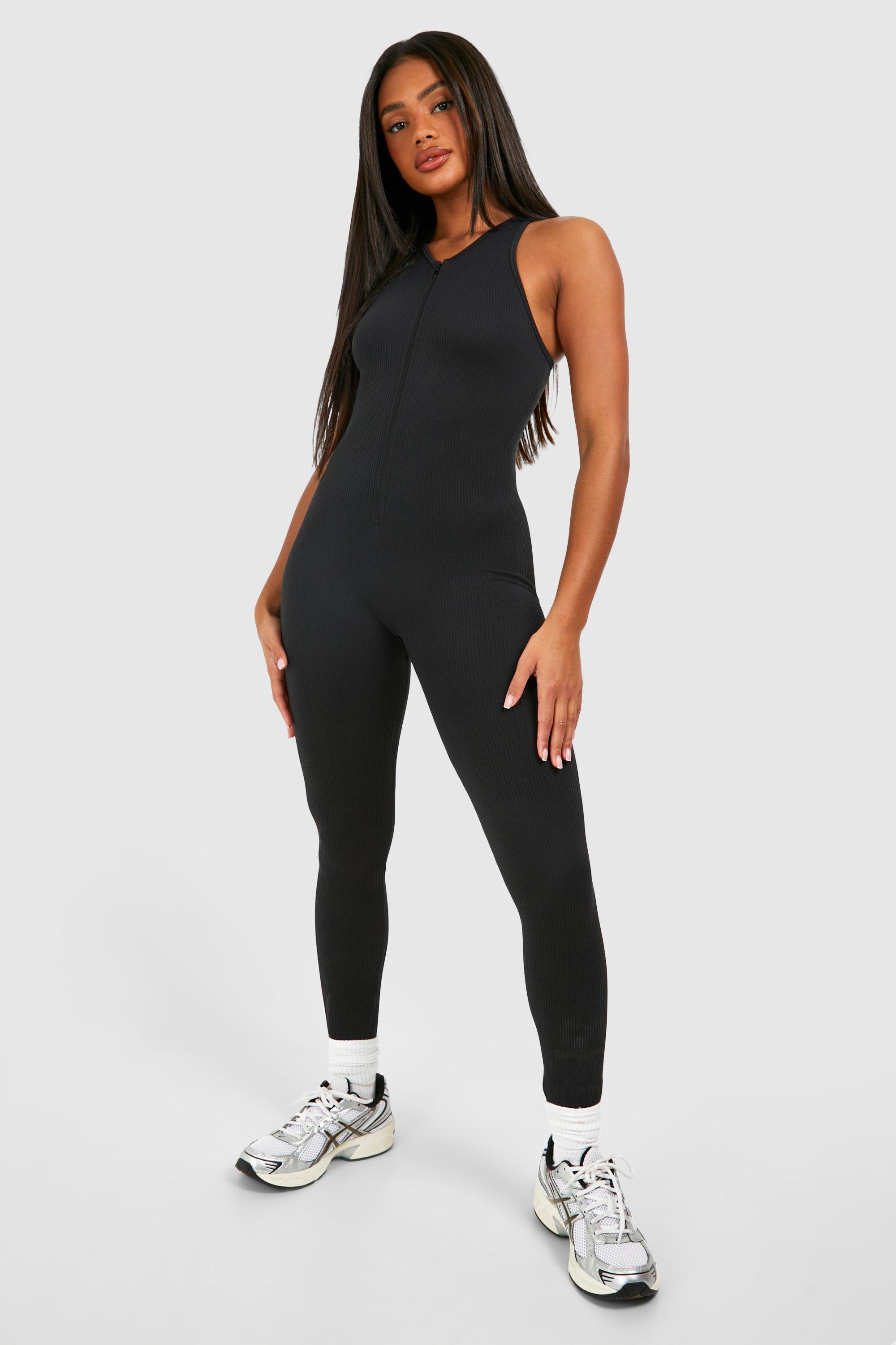 Womens Contour Seamless Rib Zip Sleeveless Unitard Jumpsuit - Black - S, Black