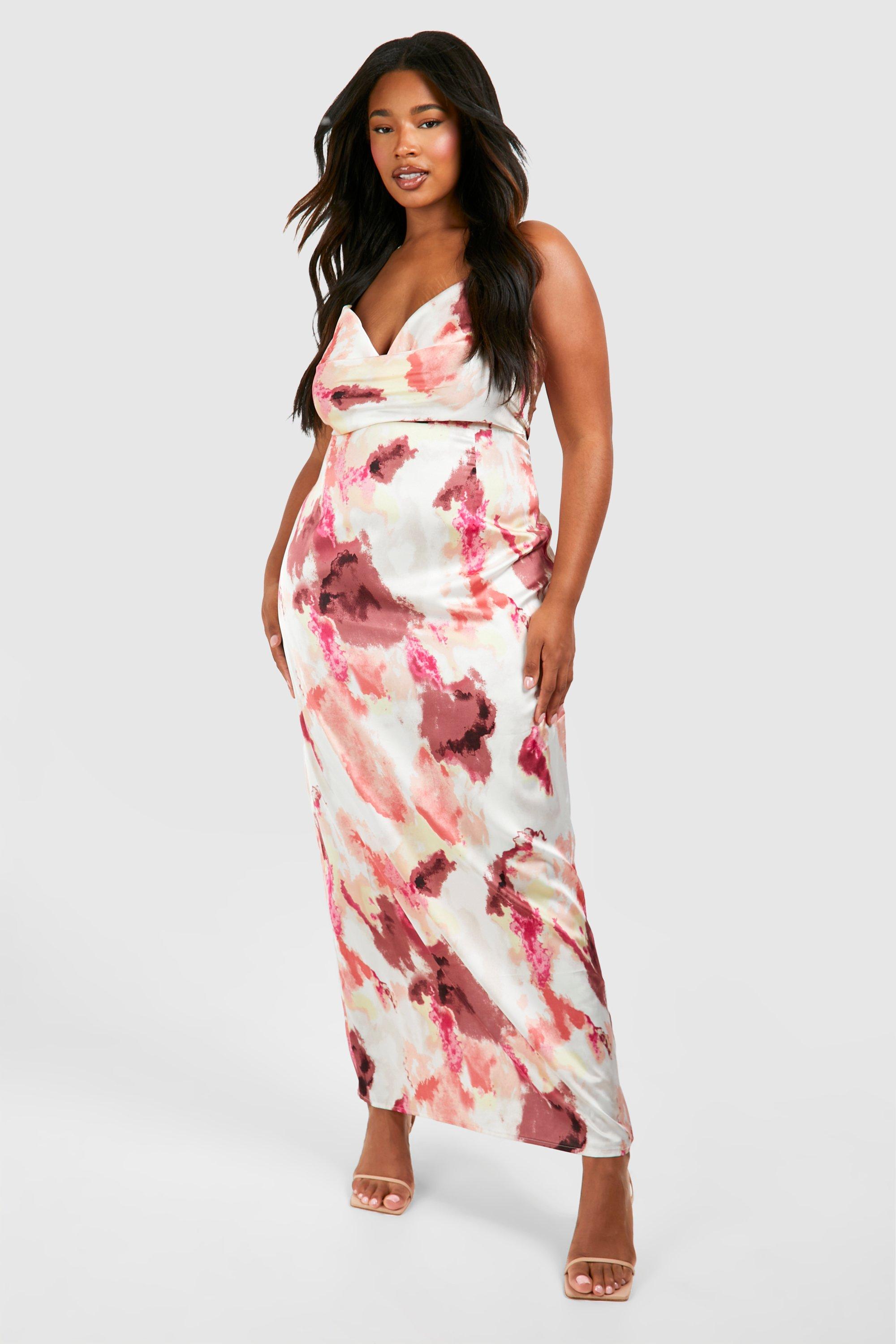 Image of Plus Abstract Printed Satin Maxi Dress, Pink