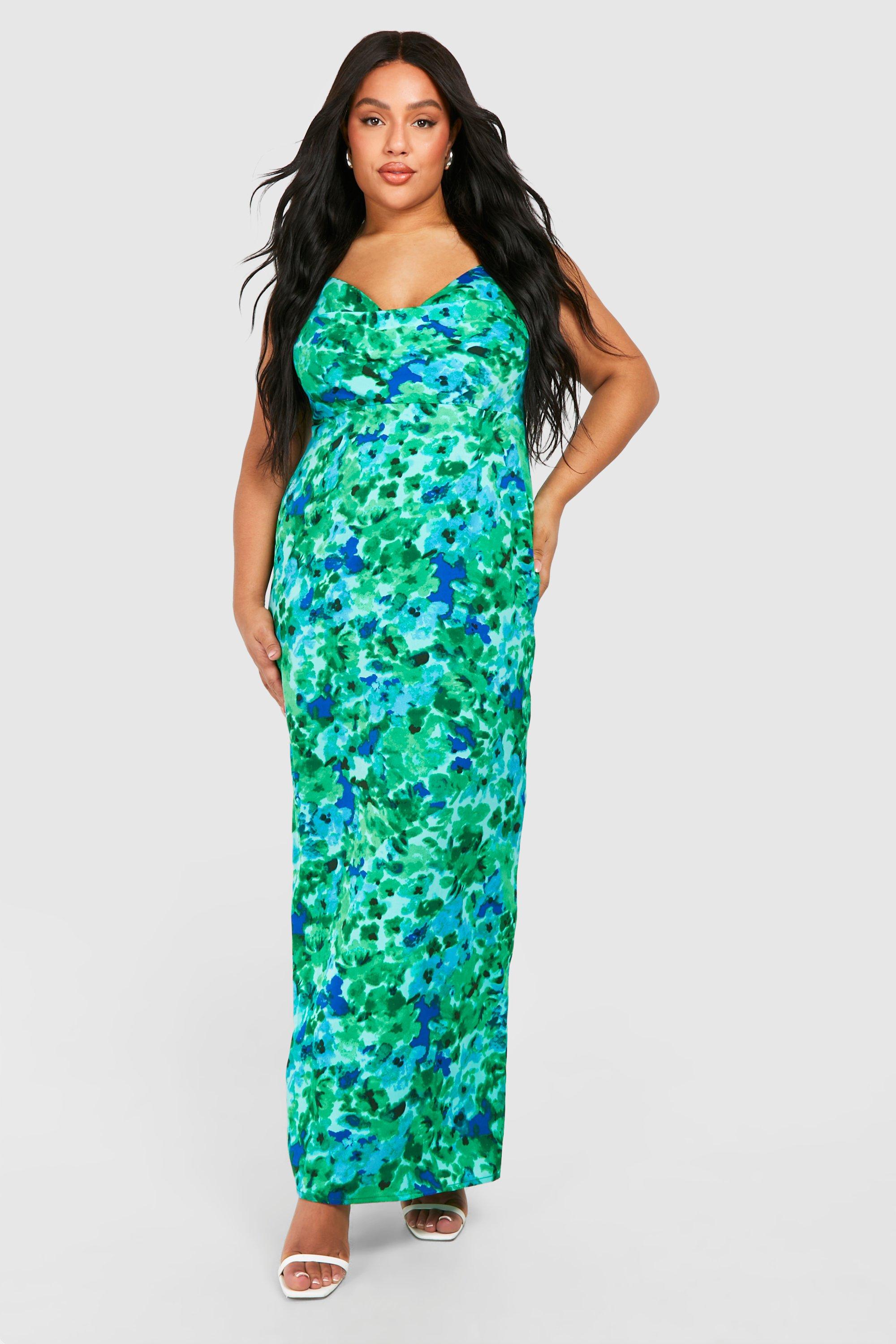 Image of Plus Floral Printed Satin Maxi Dress, Azzurro