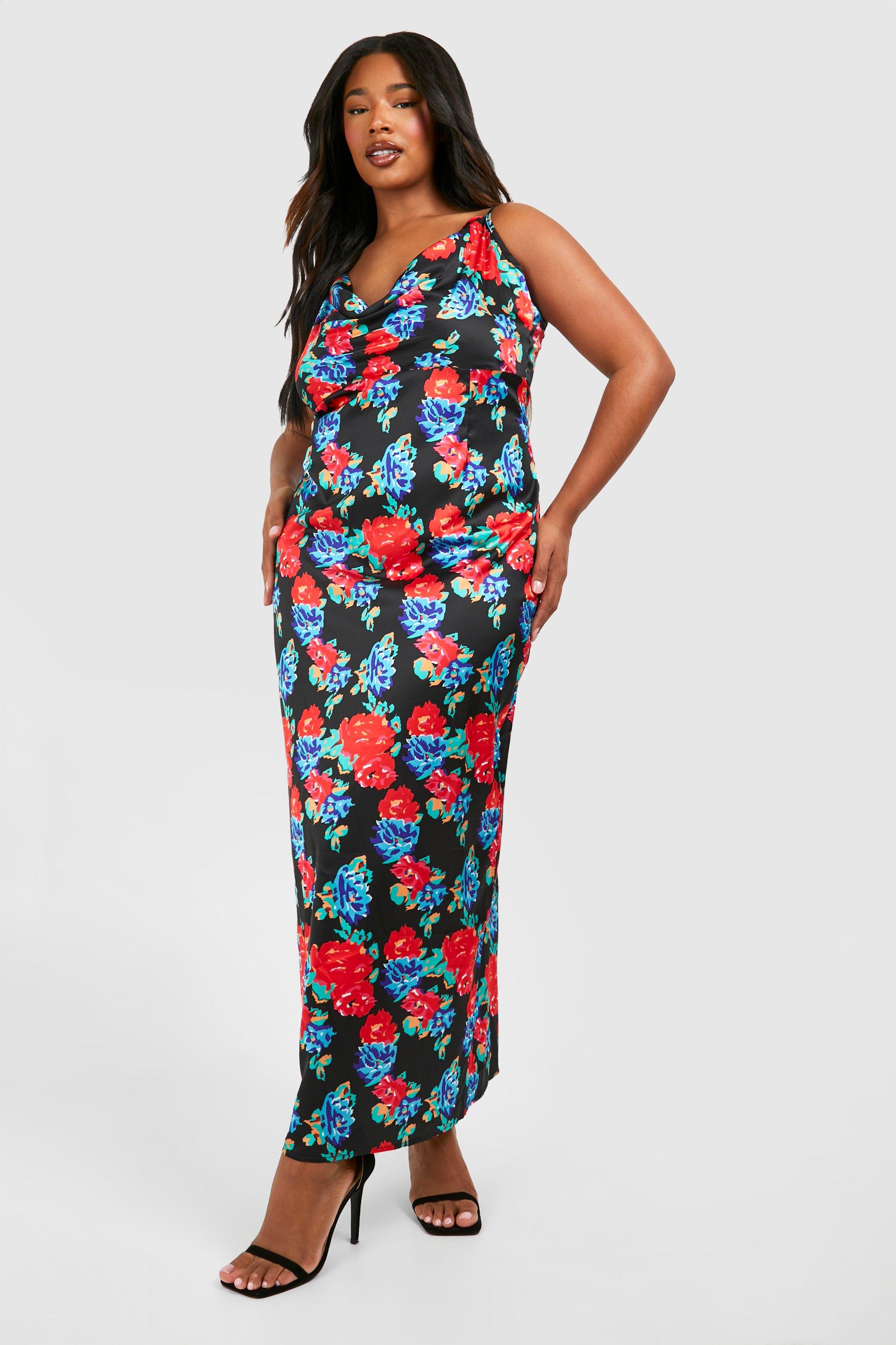 Image of Plus Floral Printed Satin Maxi Dress, Nero