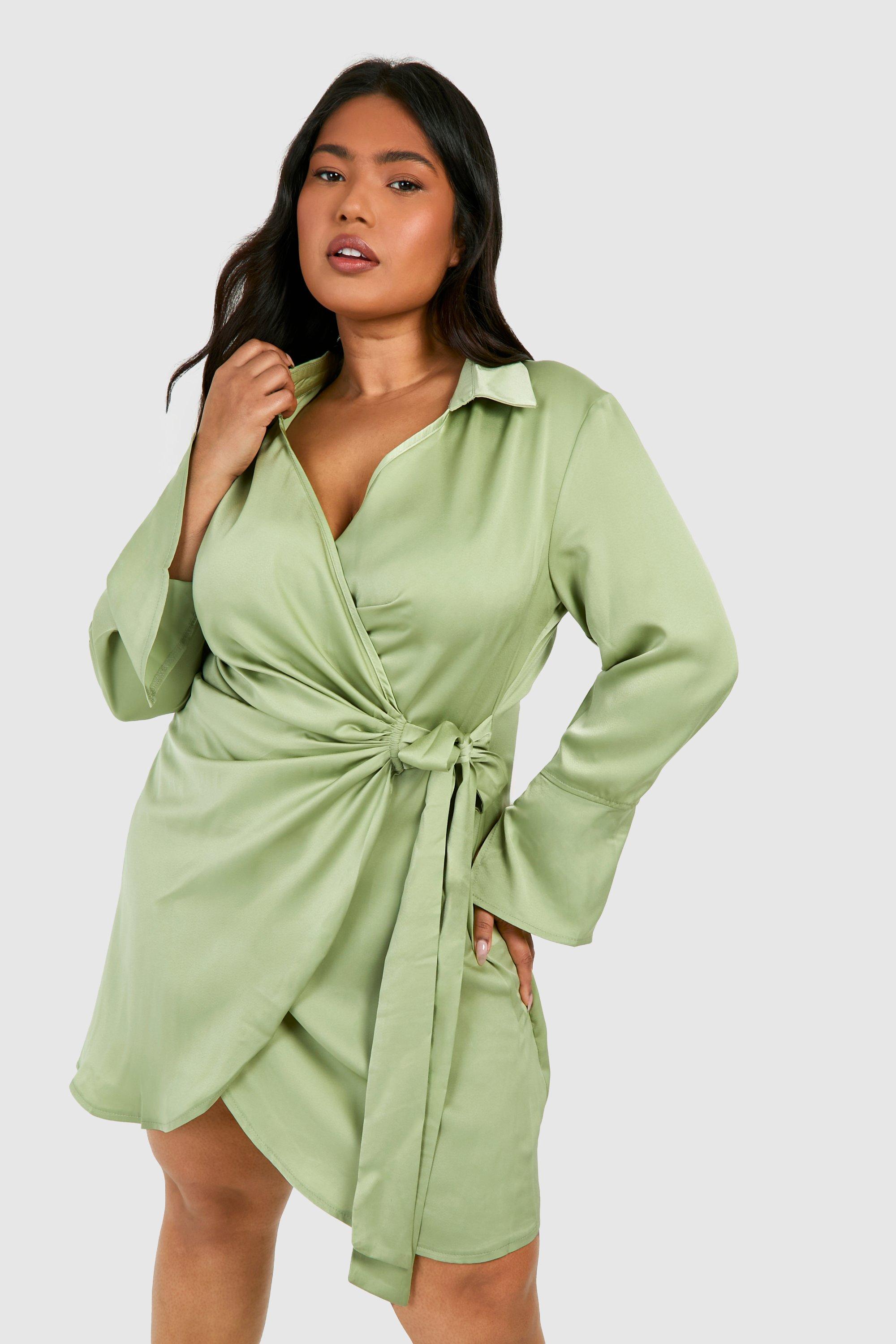 Plus Satin Wrap Shirt Dress - Green - 16