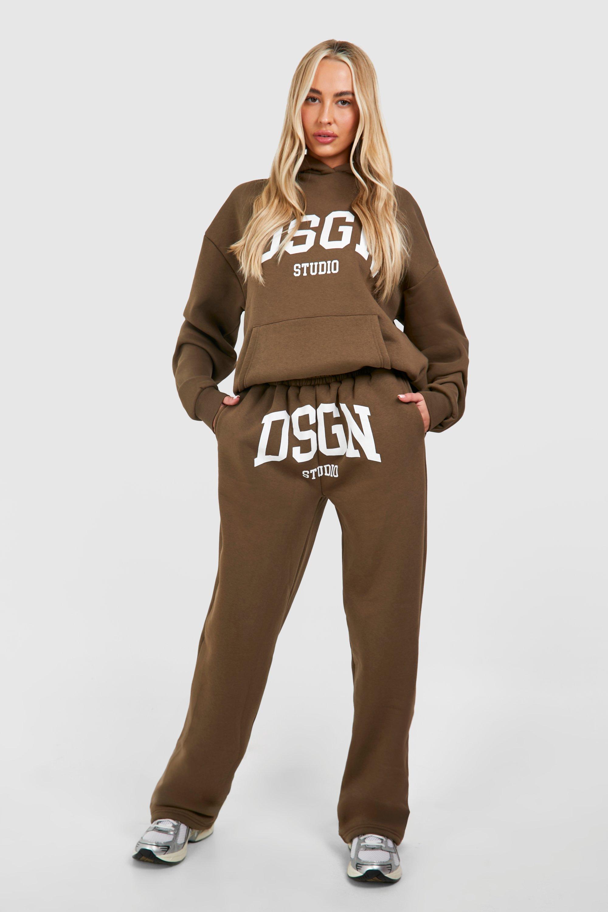 Womens Tall Dsgn Studio Slogan Oversized Hooded Tracksuit - Brown - 14, Brown