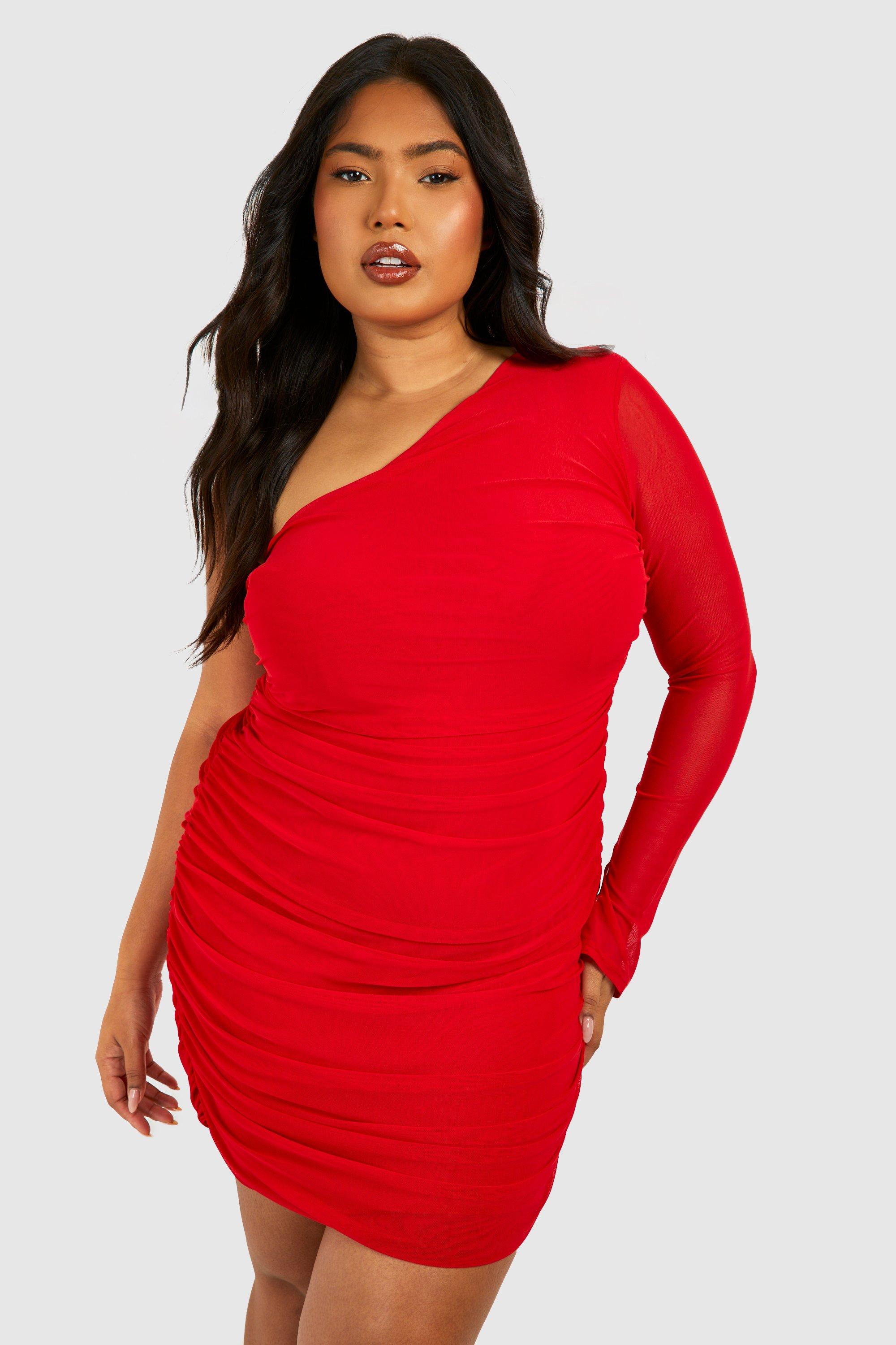 Image of Plus Mesh One Shoulder Ruched Bodycon Dress, Rosso