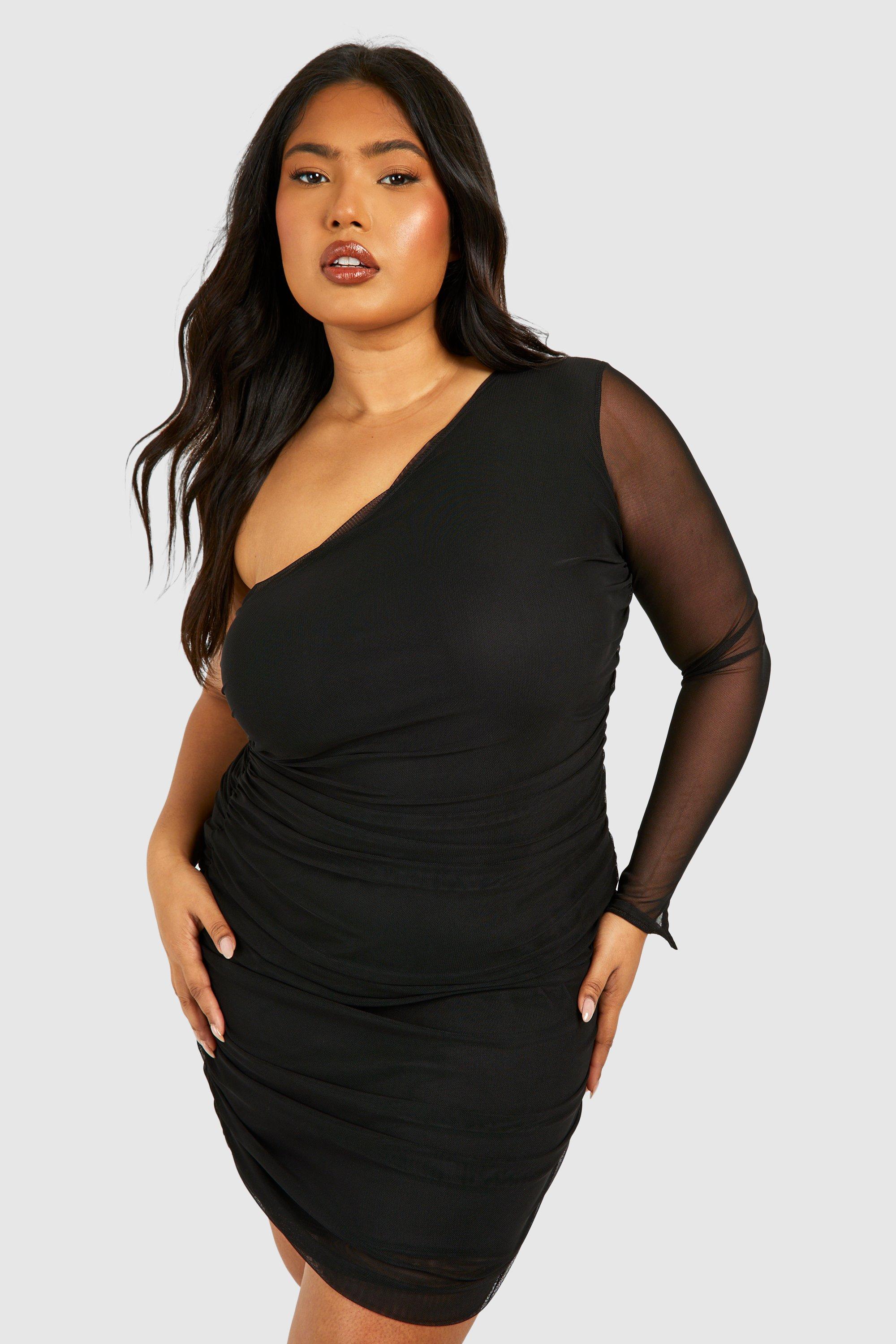 Image of Plus Mesh One Shoulder Ruched Bodycon Dress, Nero