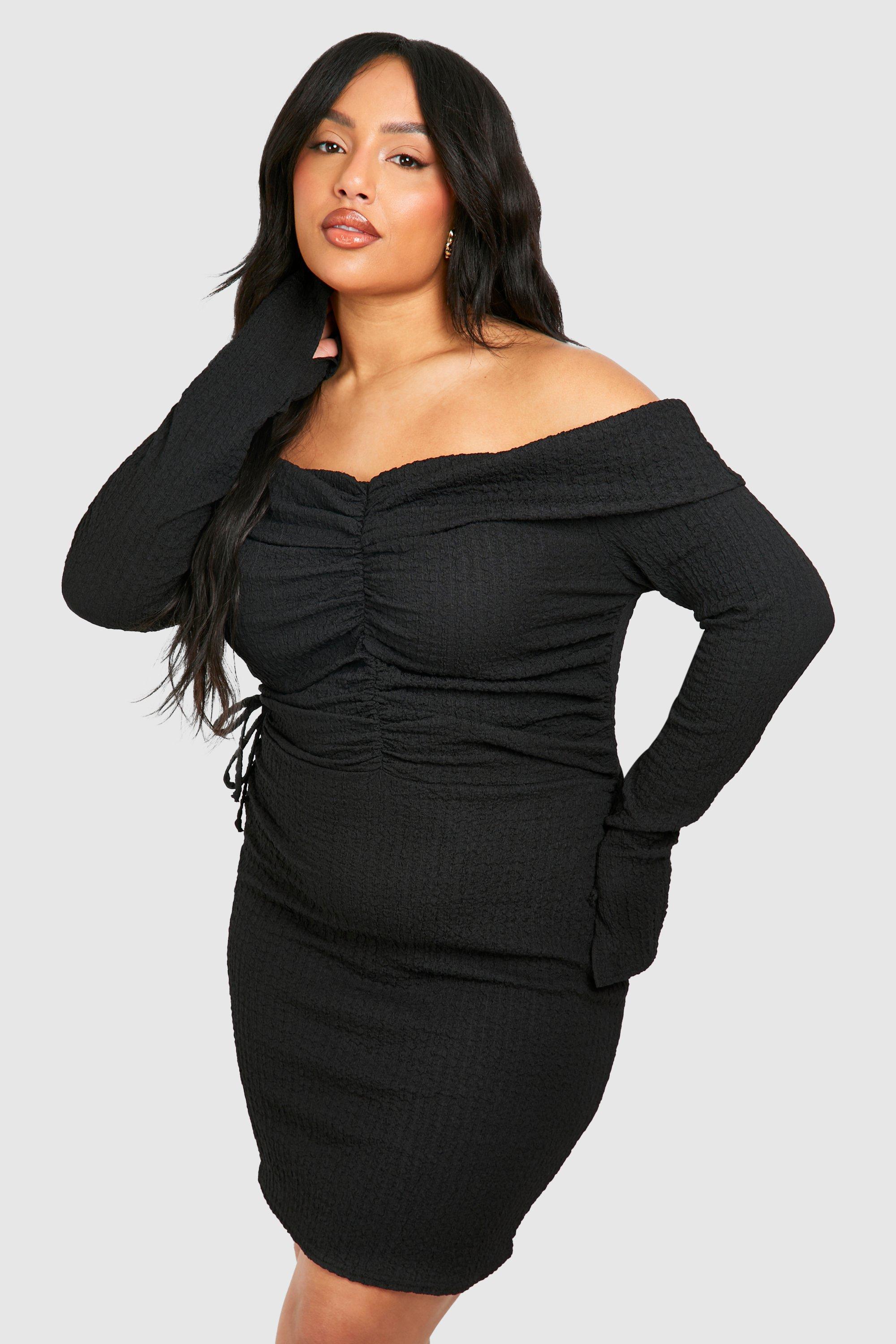 Image of Plus Textured Off Shoulder Ruched Bodycon Dress, Nero