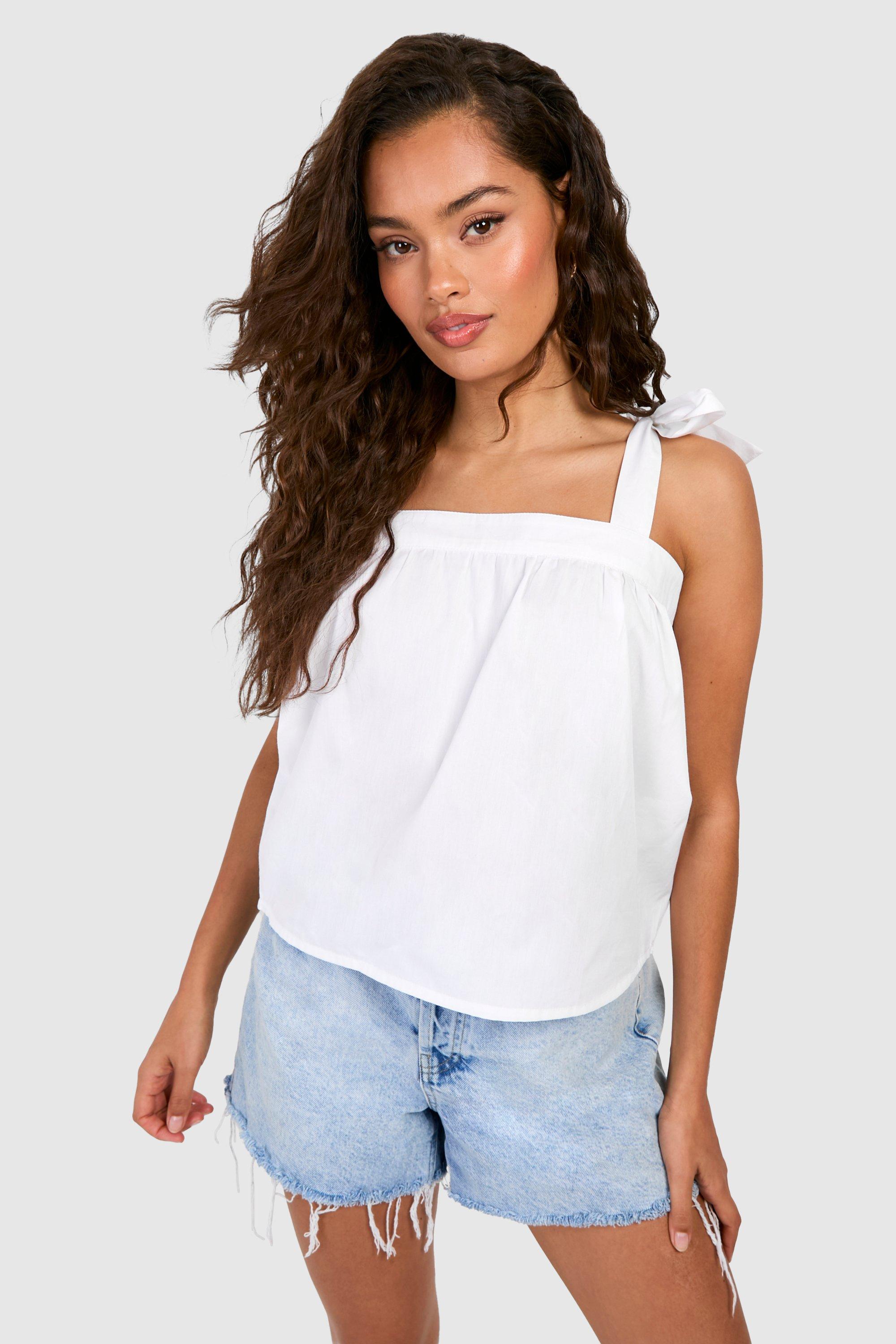 Womens Tie Strap Cotton Poplin Cami - White - 6, White