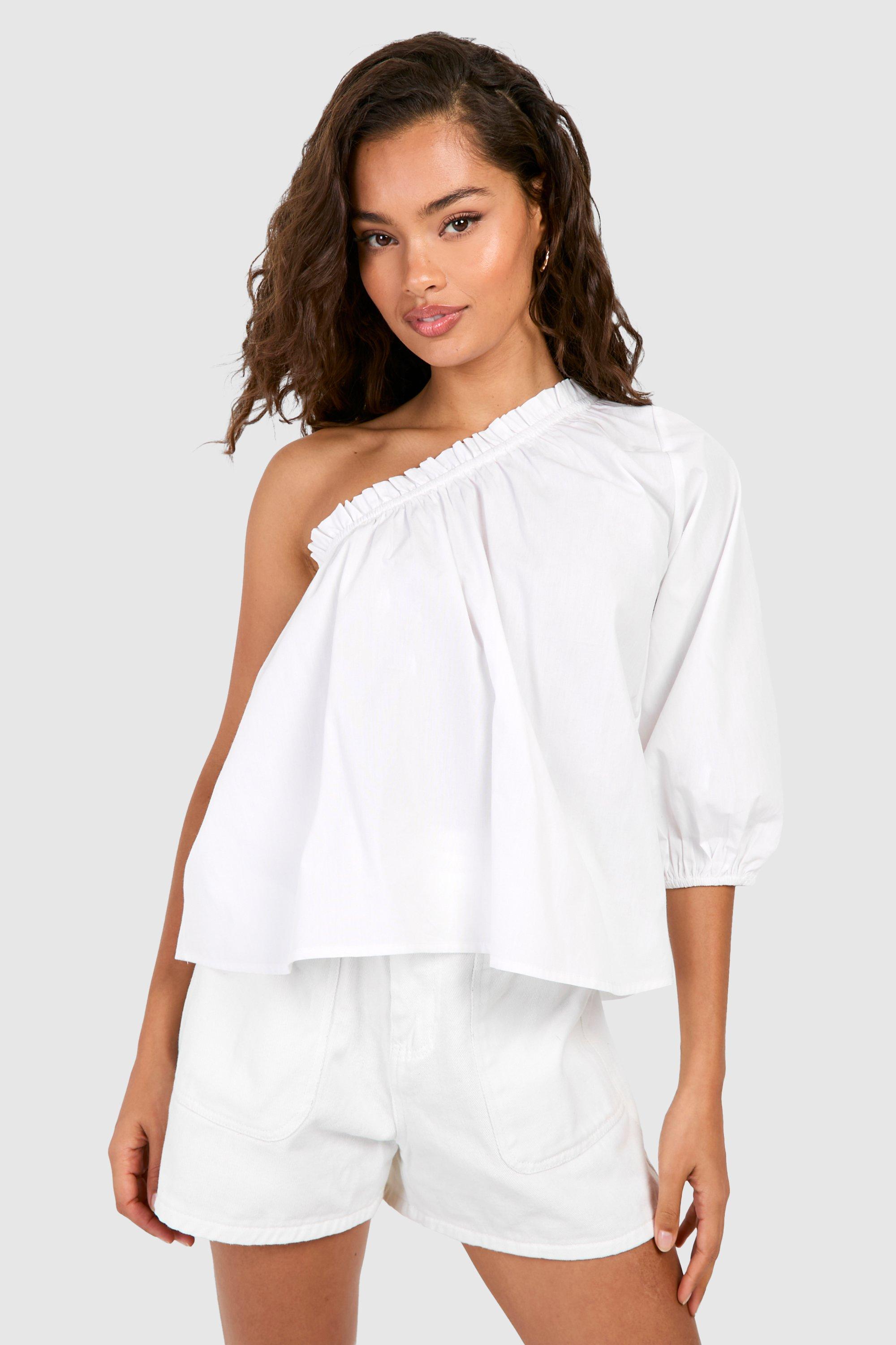 Image of Puff Sleeve One Shoulder Top, Bianco