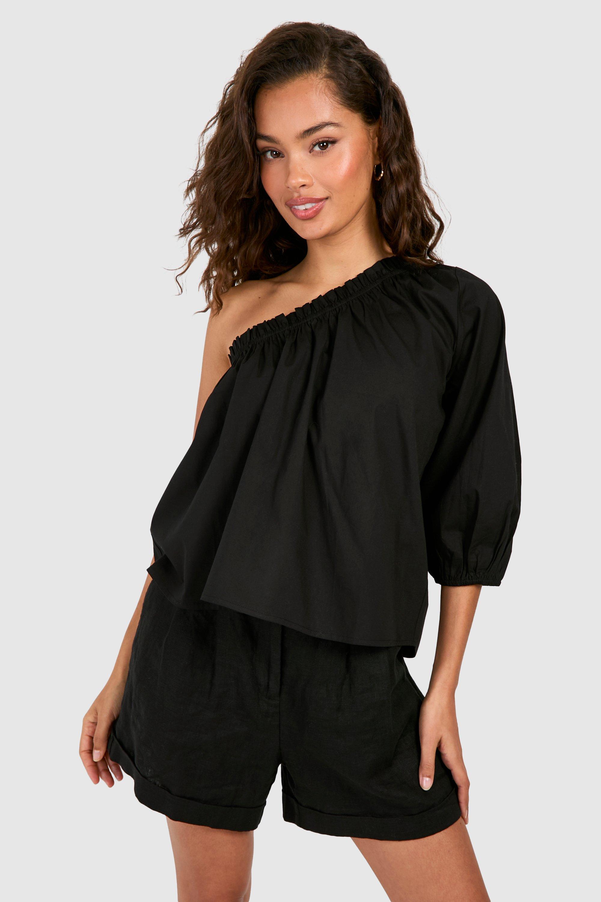 Womens Puff Sleeve One Shoulder Cotton Poplin Top - Black - 12, Black